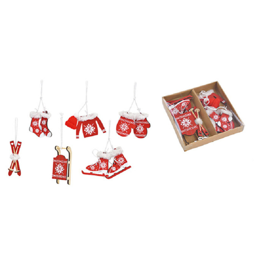 6x stuks houten kersthangers rood/wit wintersport thema kerstboomversiering -