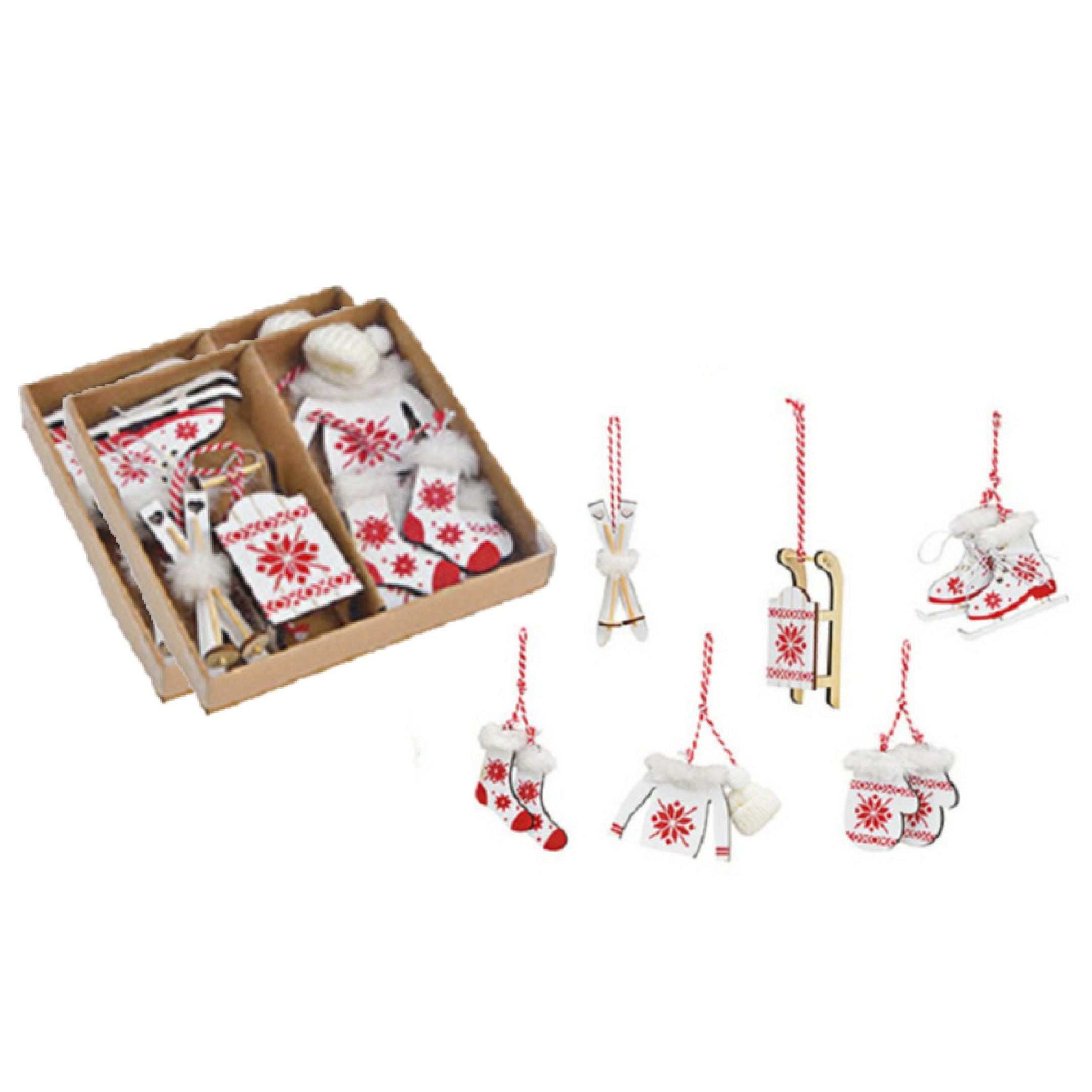 12x stuks houten kersthangers wit/rood wintersport thema kerstboomversiering -