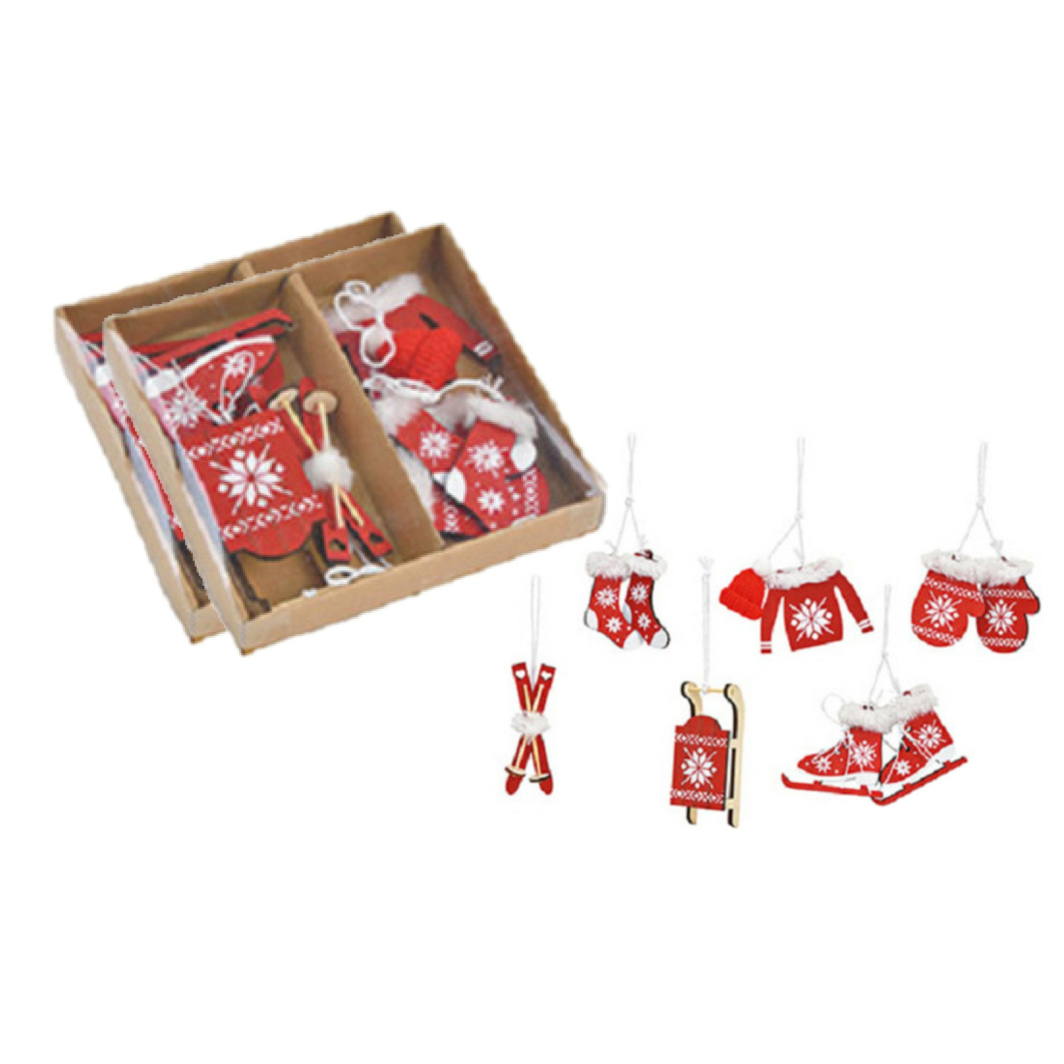 12x stuks houten kersthangers rood/wit wintersport thema kerstboomversiering -