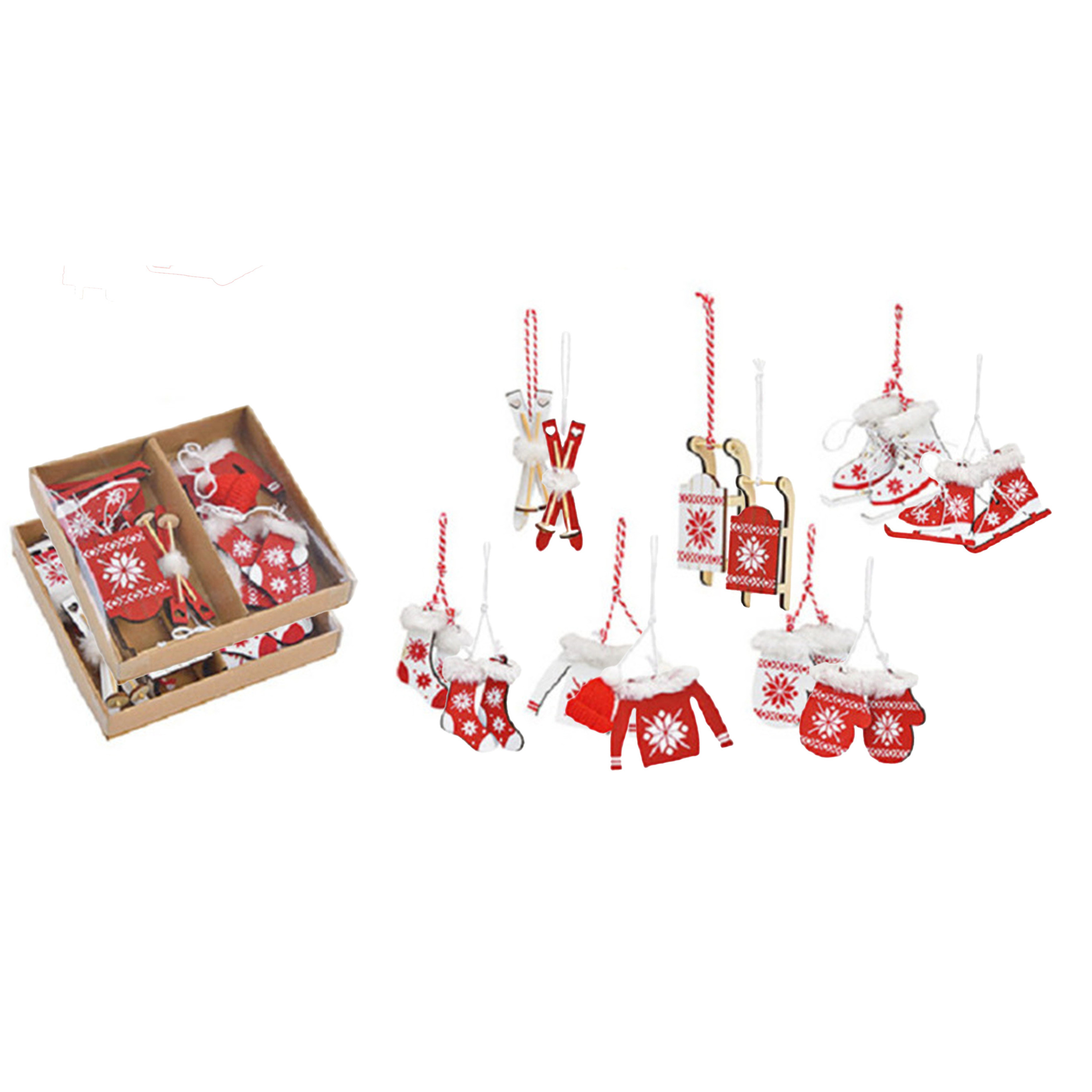 12x stuks houten kersthangers wit/rood wintersport thema kerstboomversiering -