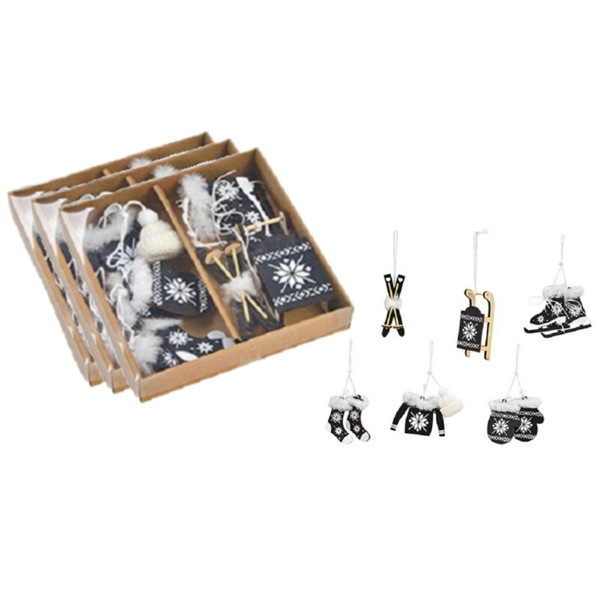 18x stuks houten kersthangers zwart wintersport thema kerstboomversiering -