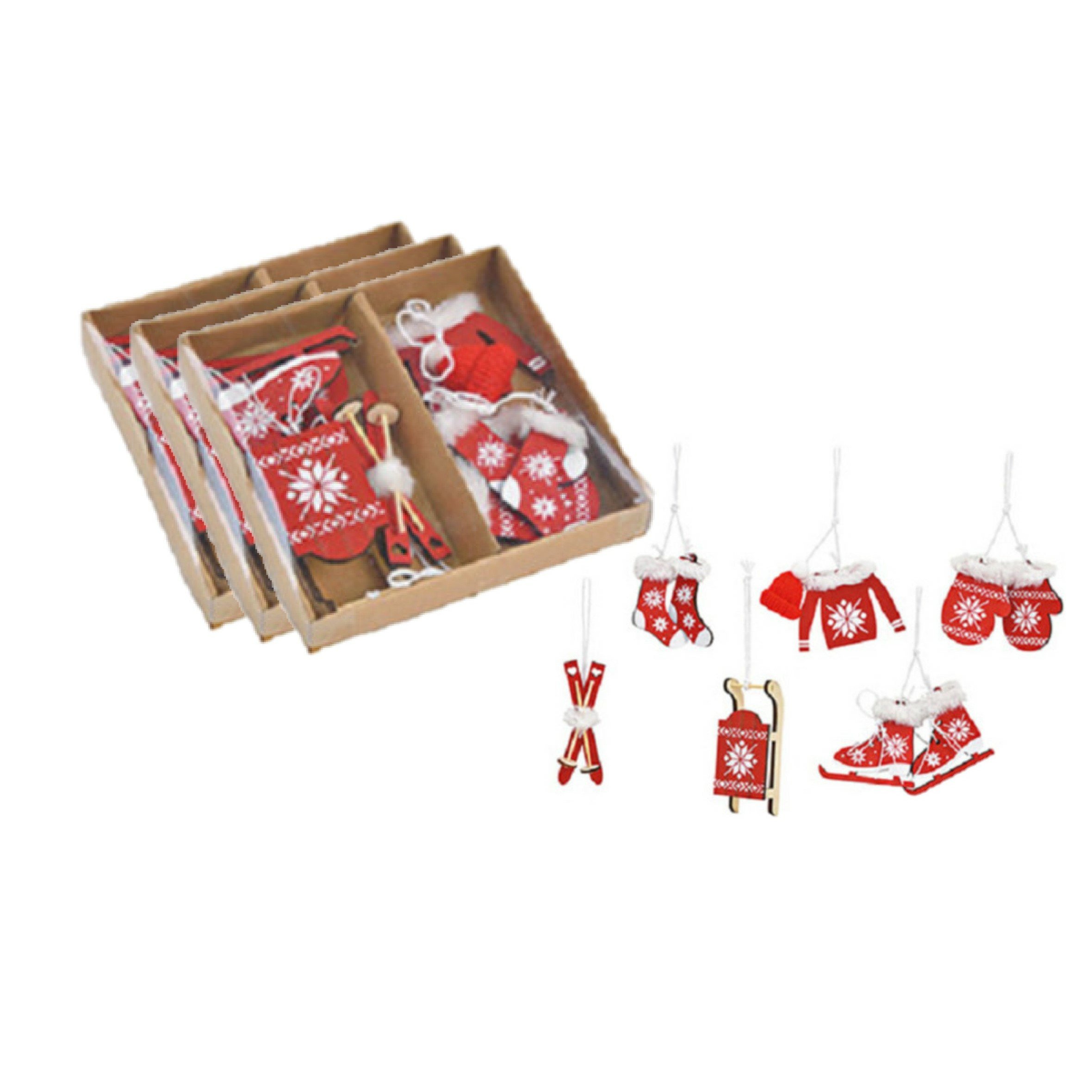18x stuks houten kersthangers rood/wit wintersport thema kerstboomversiering -