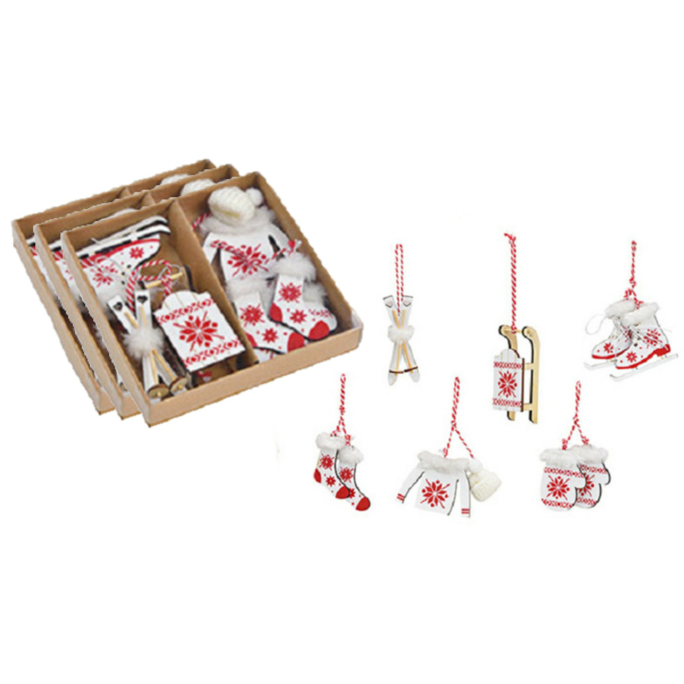 18x stuks houten kersthangers wit/rood wintersport thema kerstboomversiering -