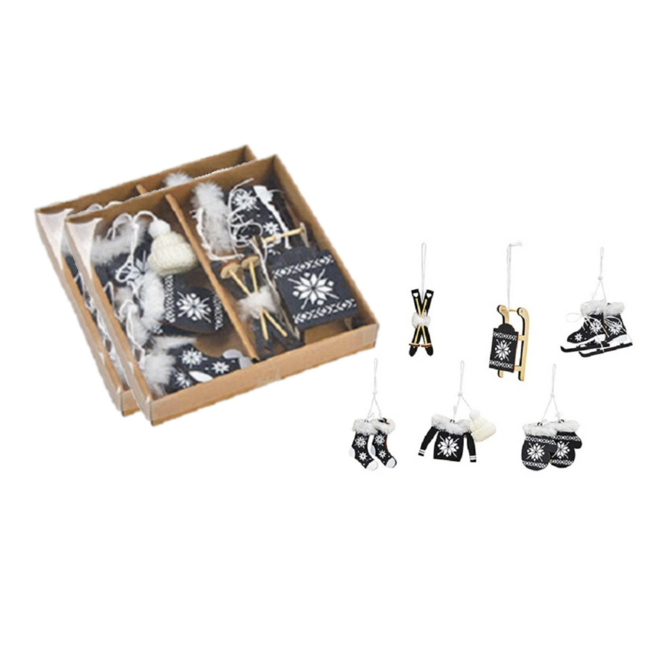 12x stuks houten kersthangers zwart wintersport thema kerstboomversiering -