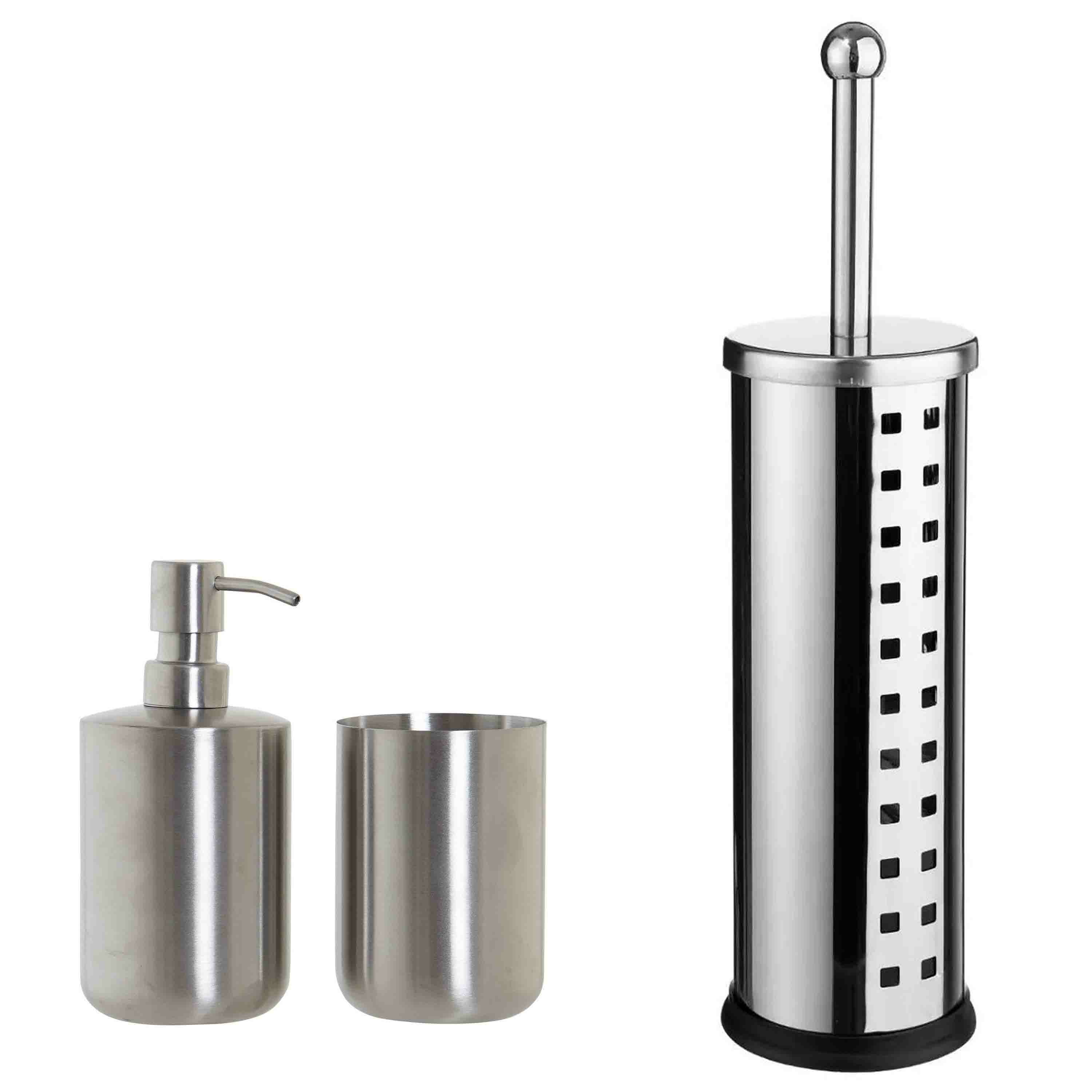 WC-/toiletborstel en houder - rvs zilver - met zeeppompje en beker -