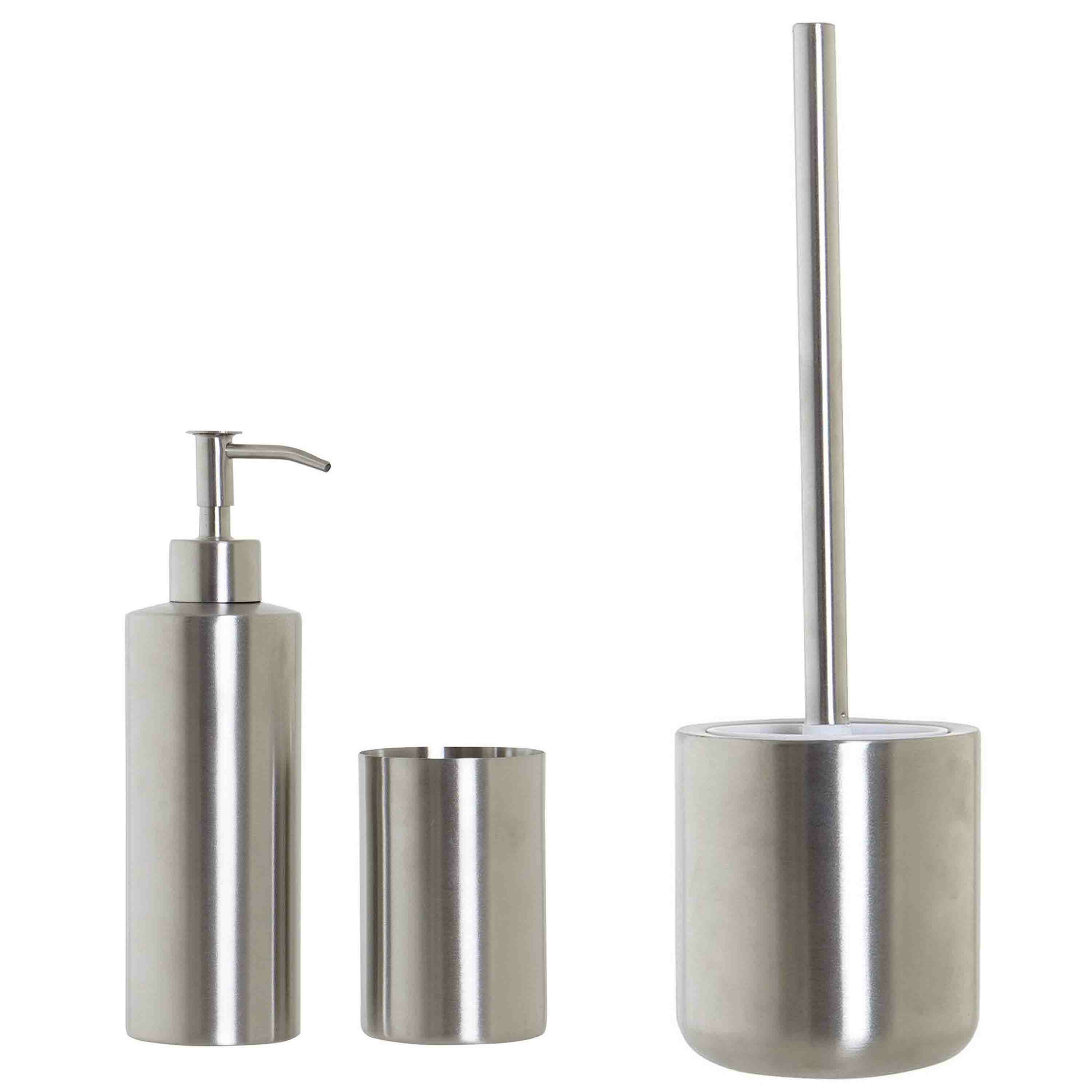 WC-/toiletborstel en houder - rvs zilver - met zeeppompje en beker -