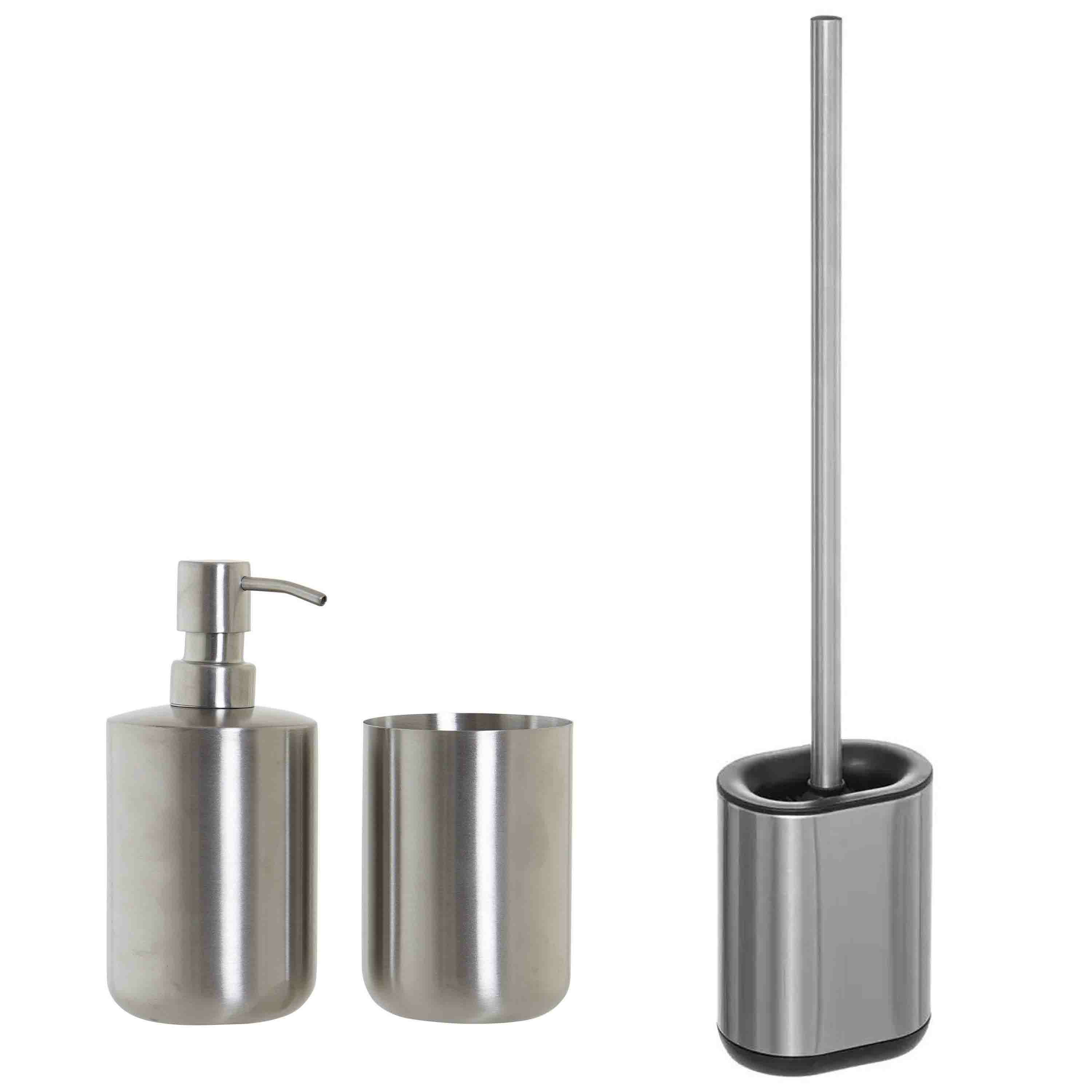WC-/toiletborstel en houder - rvs zilver - met zeeppompje en beker -
