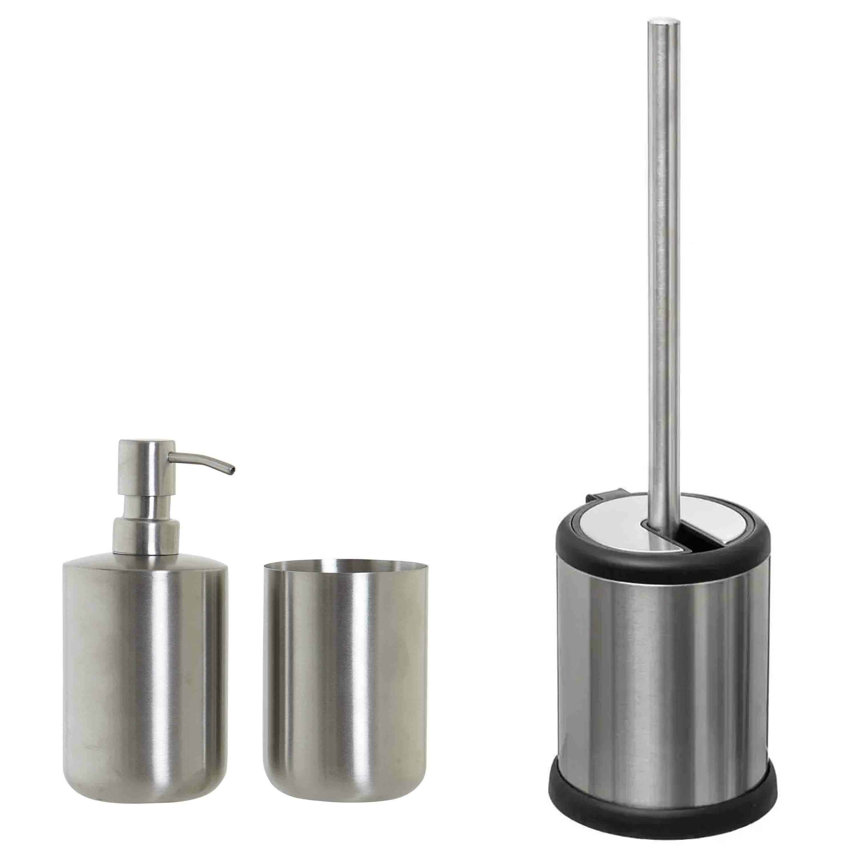 WC-/toiletborstel en houder - rvs zilver - met zeeppompje en beker -