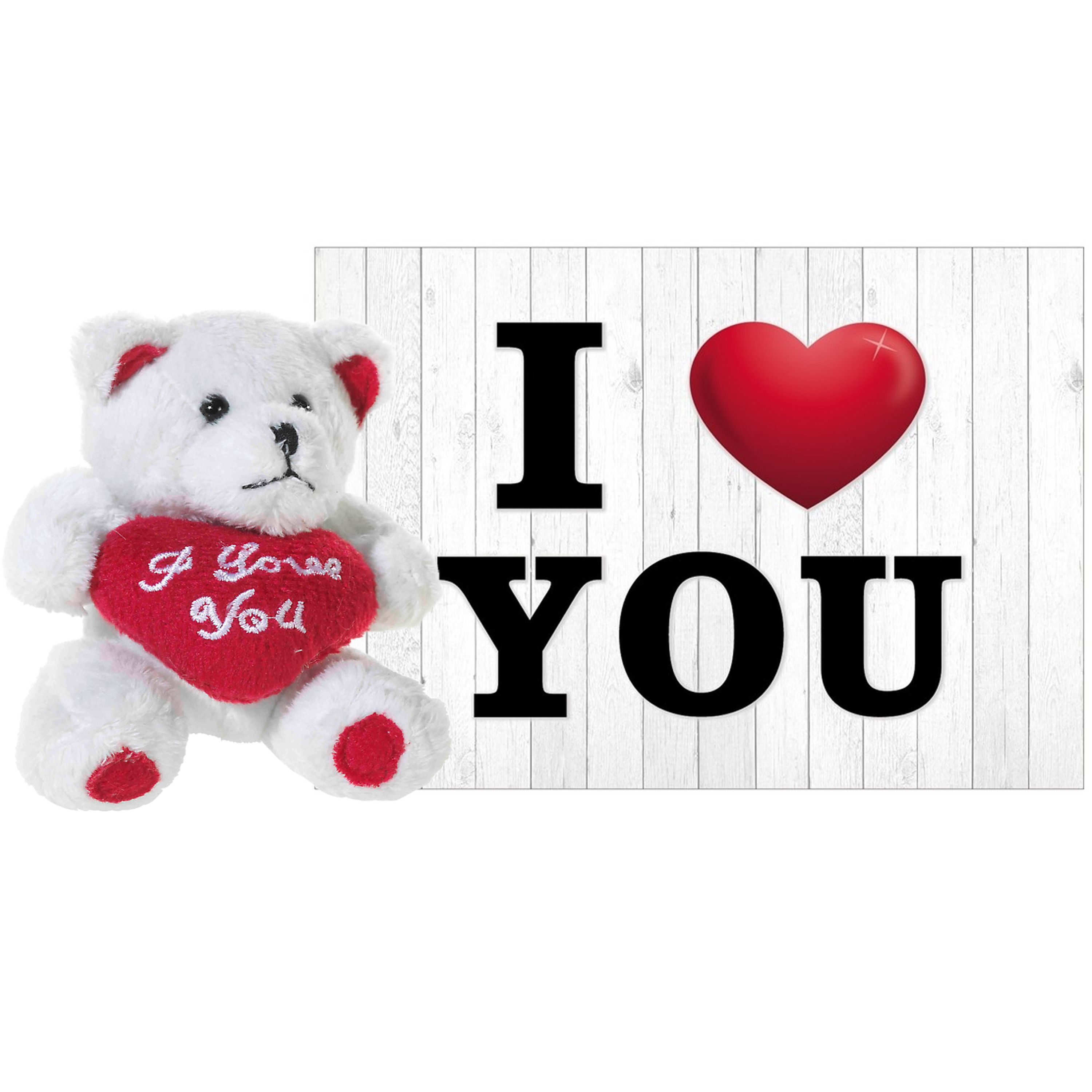 Pluche knuffel Valentijn I Love You beertje 10 cm met hartjes wenskaart -