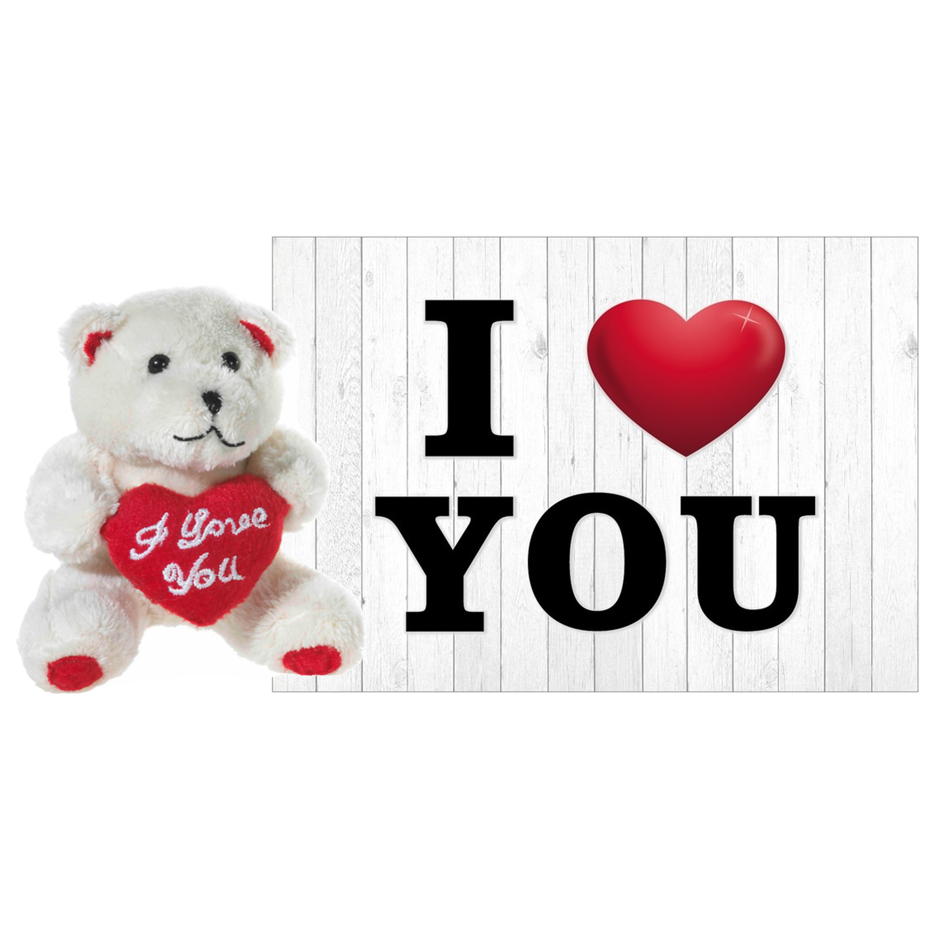 Pluche knuffel Valentijn I Love You beertje 10 cm met hartjes wenskaart -