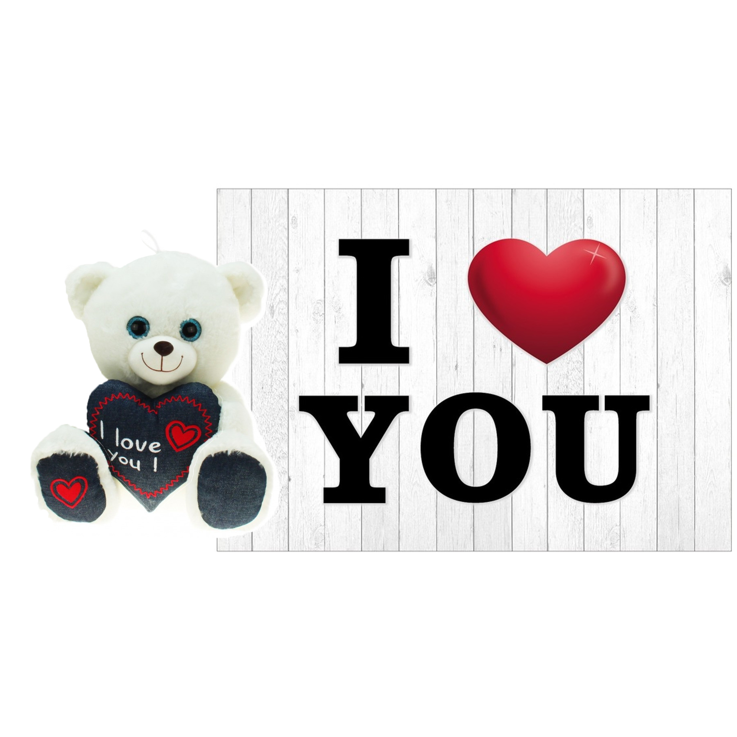Pluche knuffel Valentijn I Love You beertje 30cm met hartjes wenskaart -