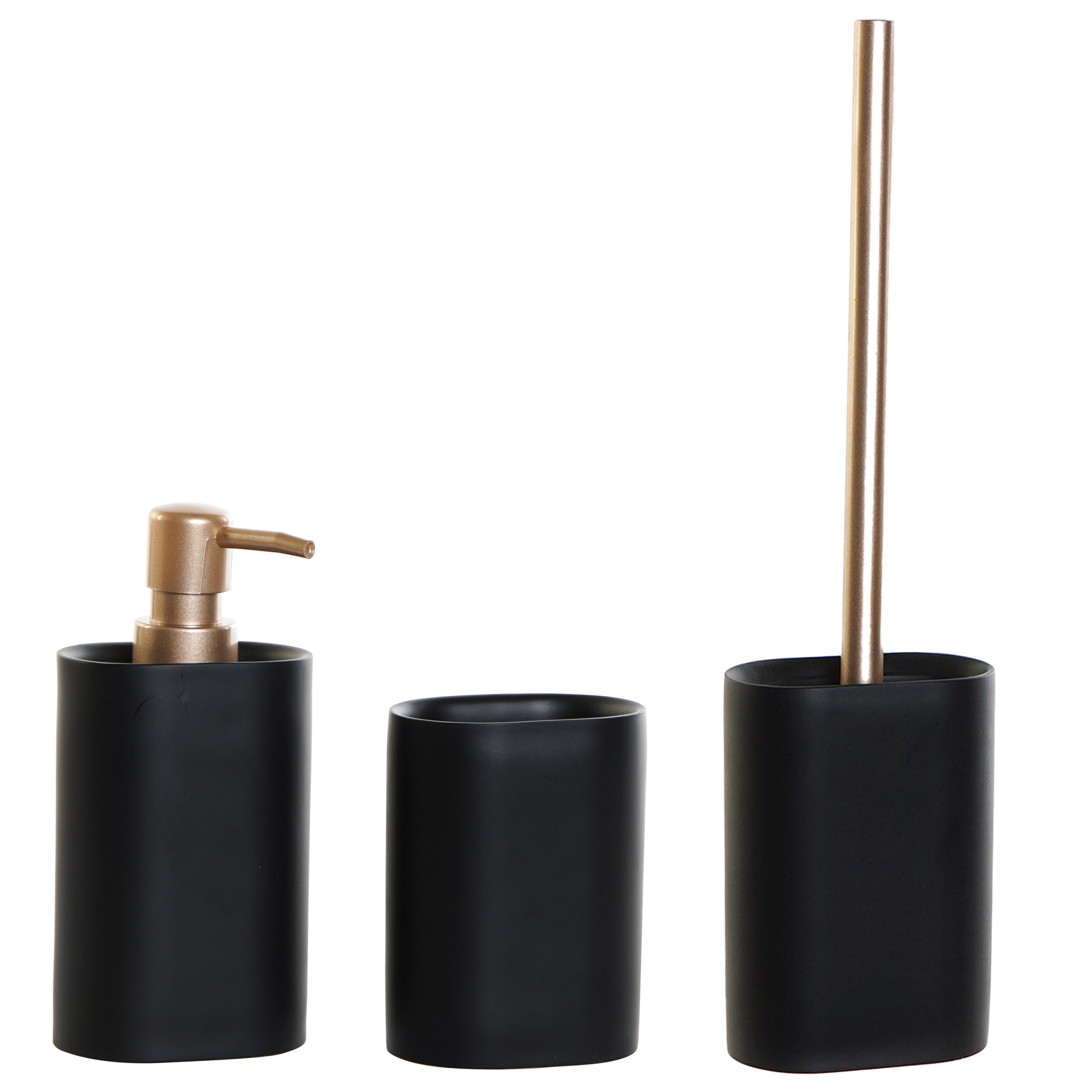 Toiletborstel met houder zwart/goud en zeeppompje/beker kunststof -