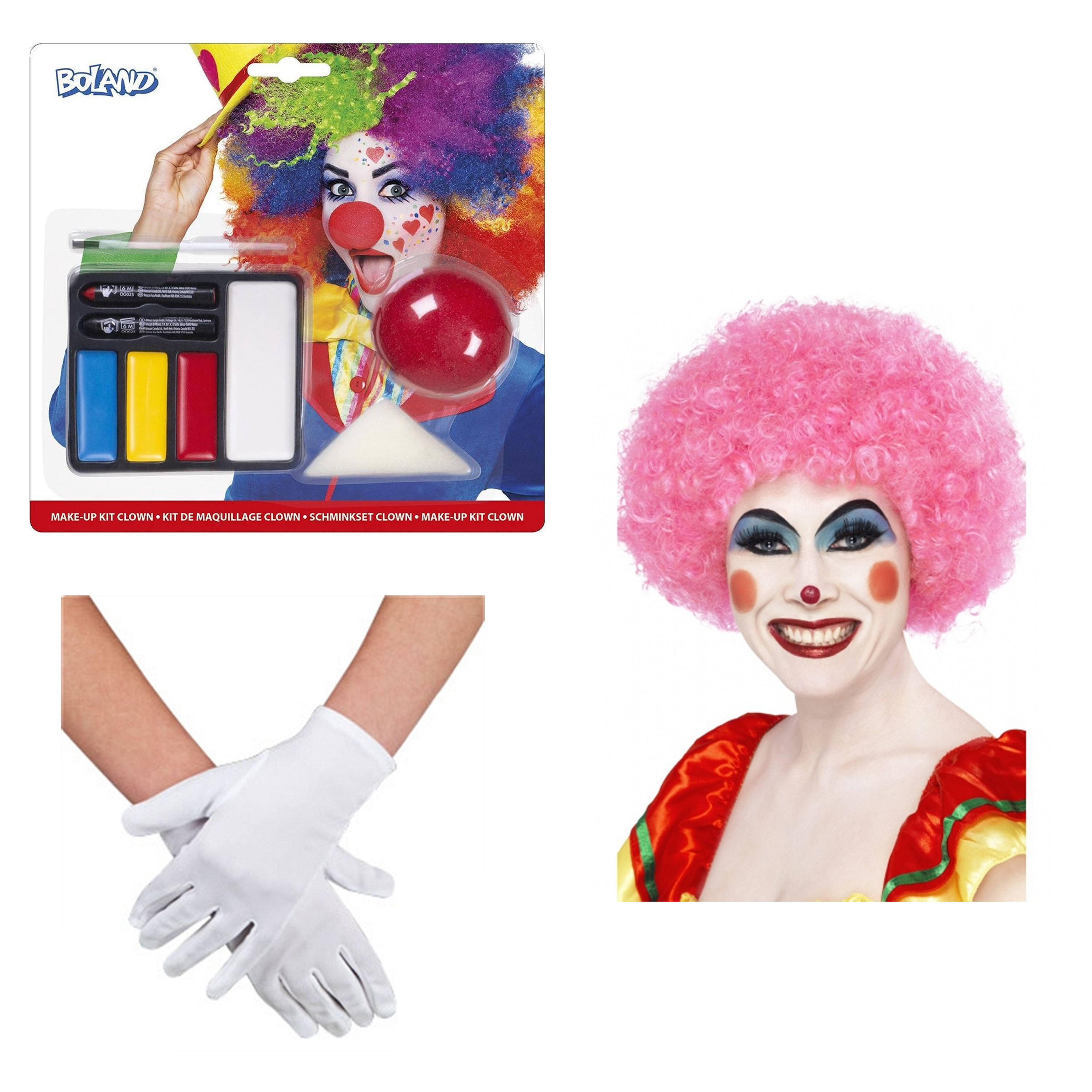 Clown verkleed set volwassenen - Pruik/schmink/handschoenen -