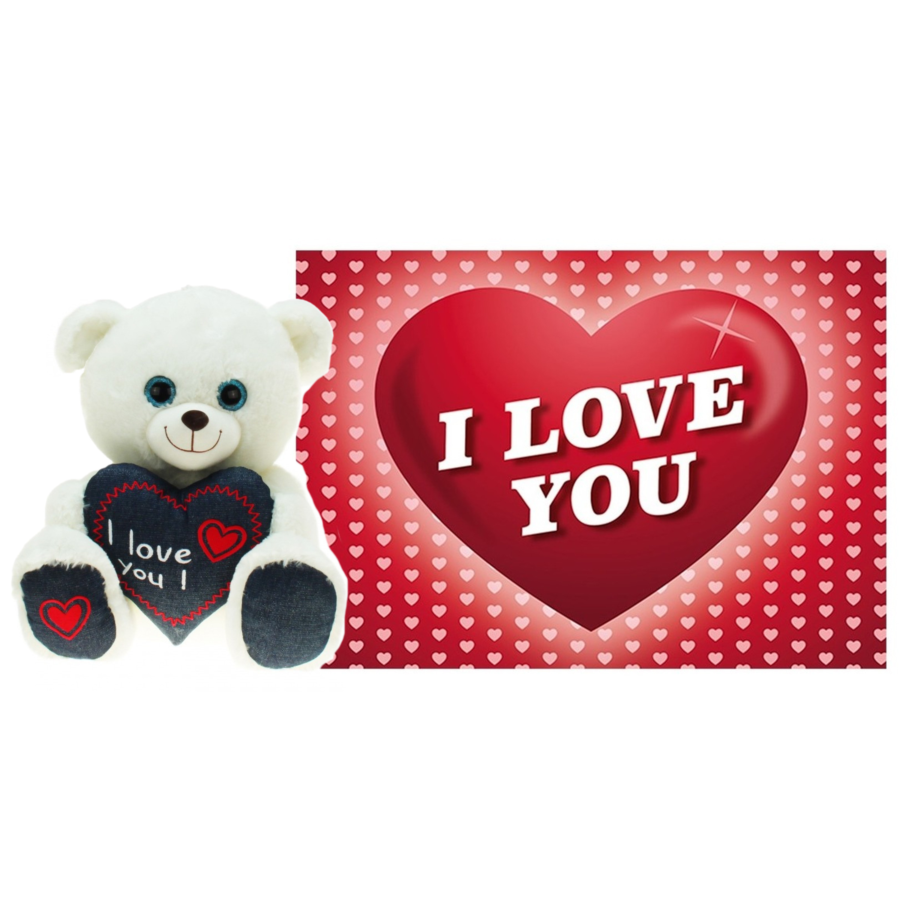 Pluche knuffel Valentijn I Love You beertje 30cm met hartjes wenskaart -