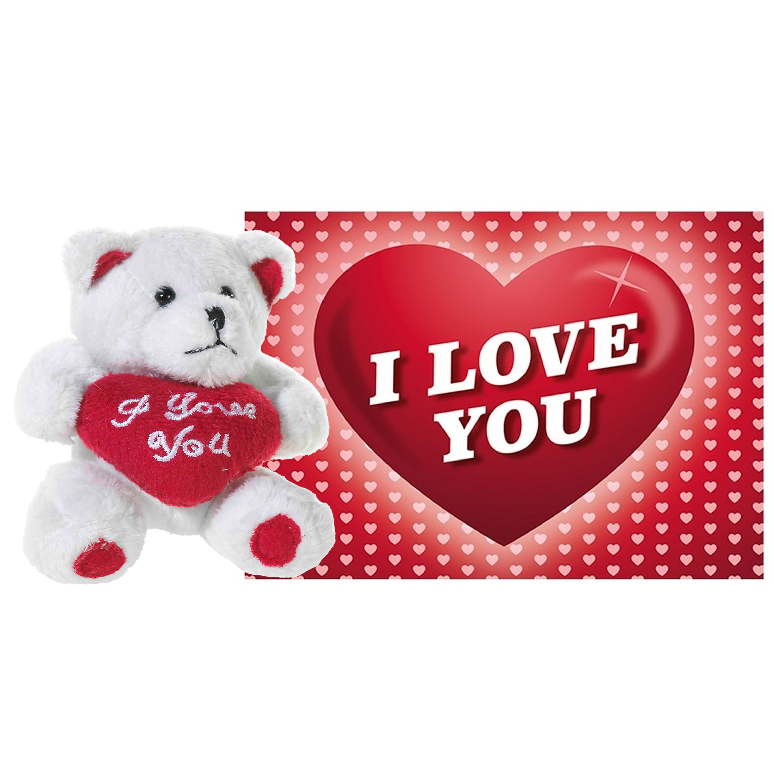 Pluche knuffel Valentijn I Love You beertje 20 cm met hartjes wenskaart -