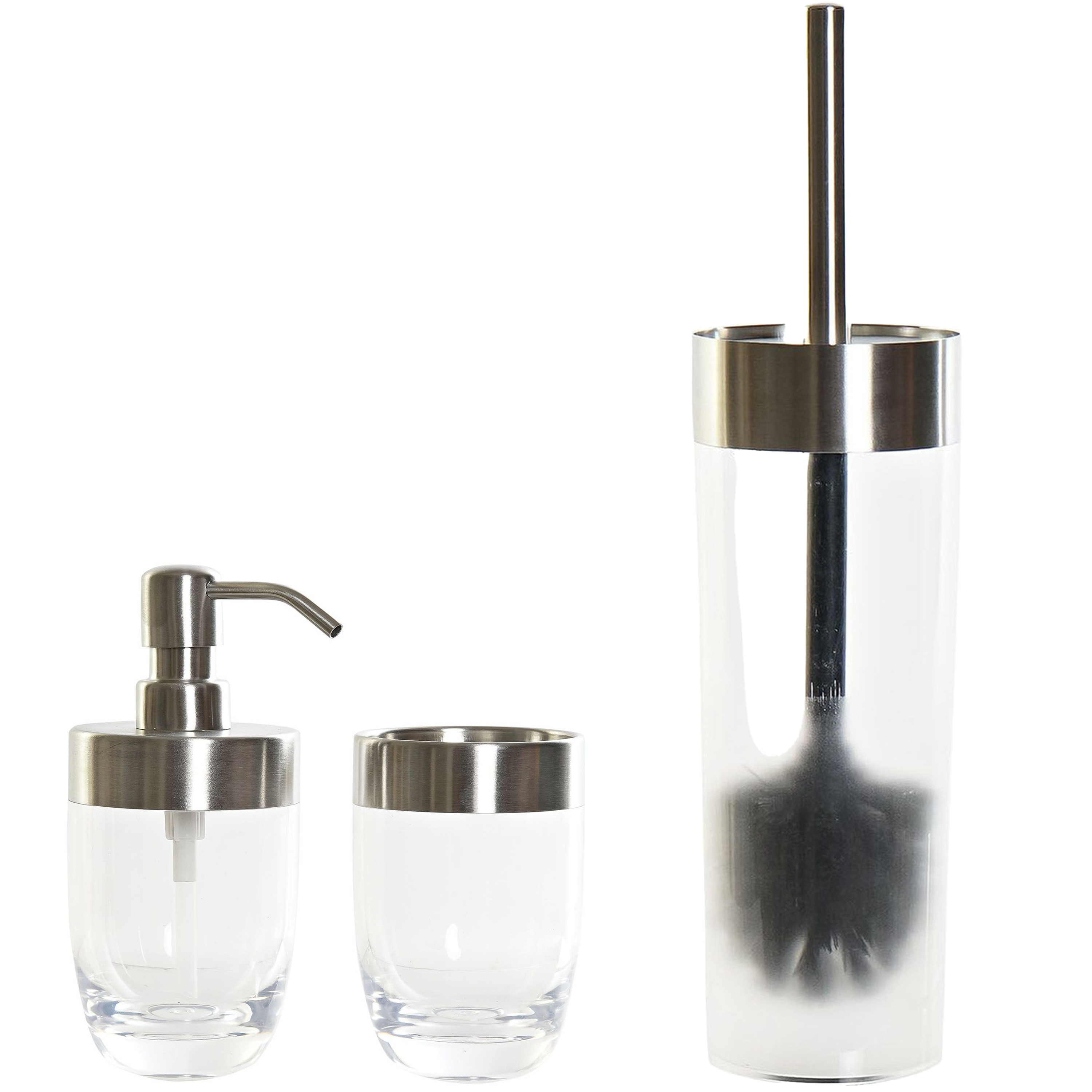 Toiletborstel transparant/zilver kunststof 35 cm met zeeppompje 300 ml en beker -