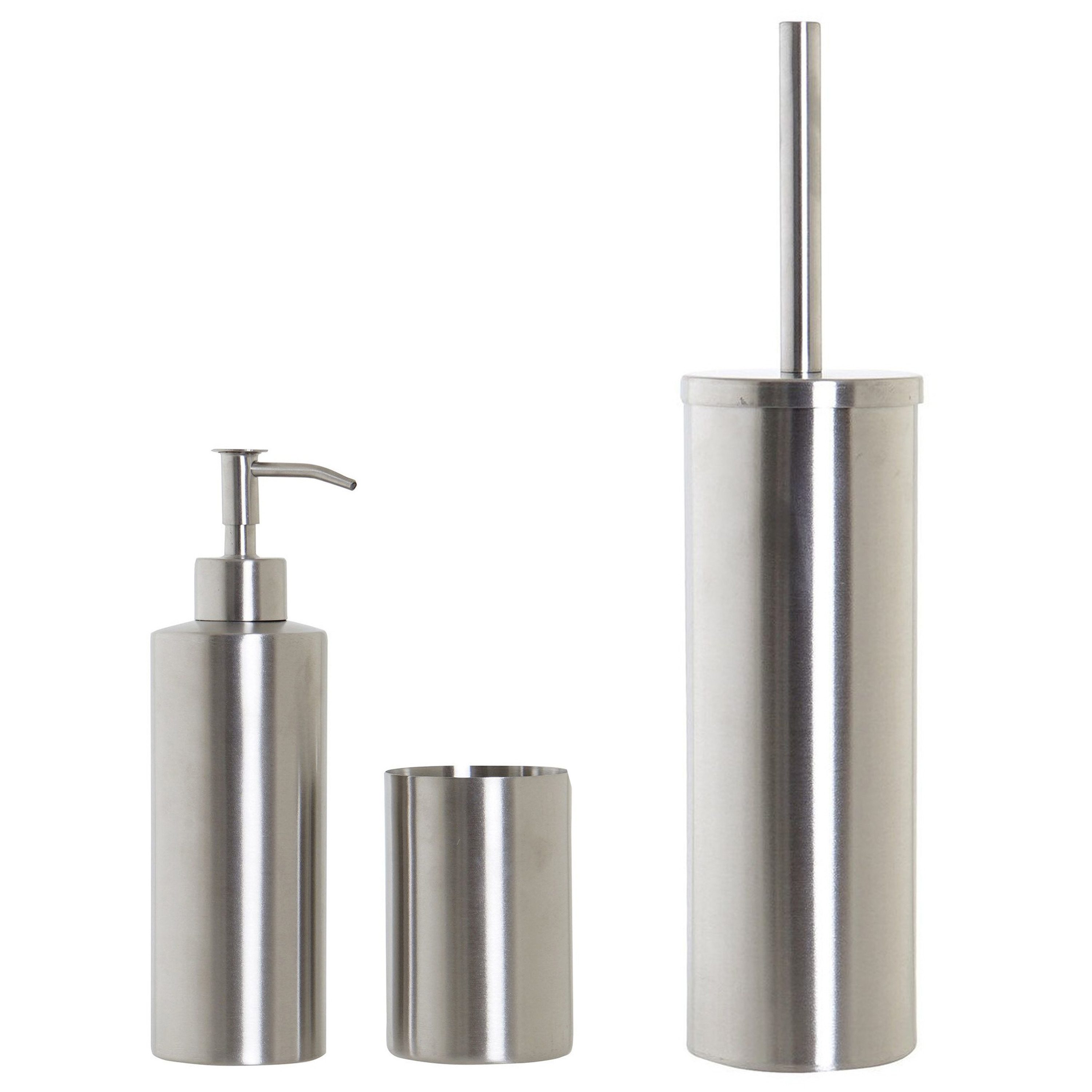Toiletborstel houder zilver 39cm met zeeppompje 400 ml en beker metaal -