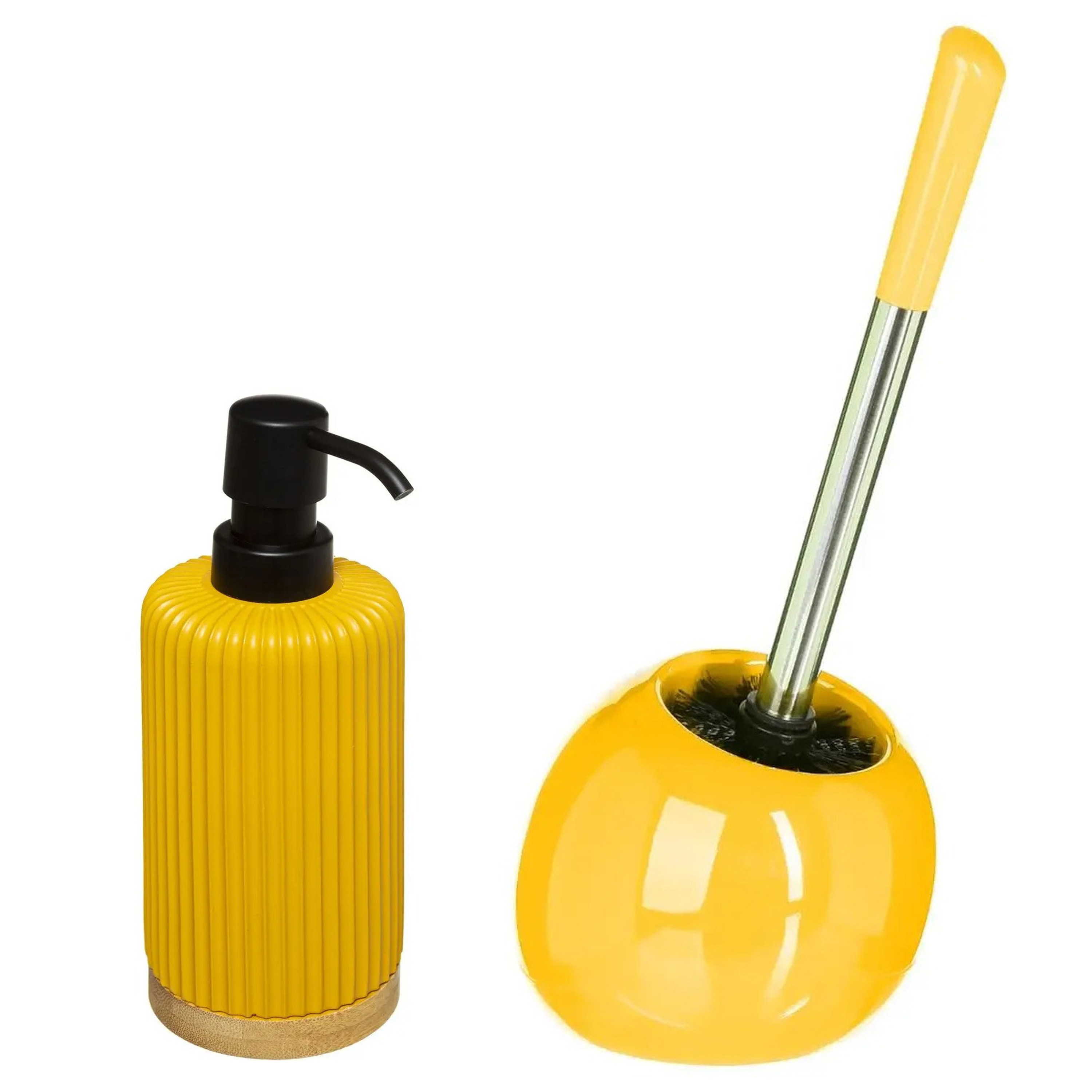 Toiletborstel houder mosterdgeel 36 cm met zeeppompje 270 ml polyresin -