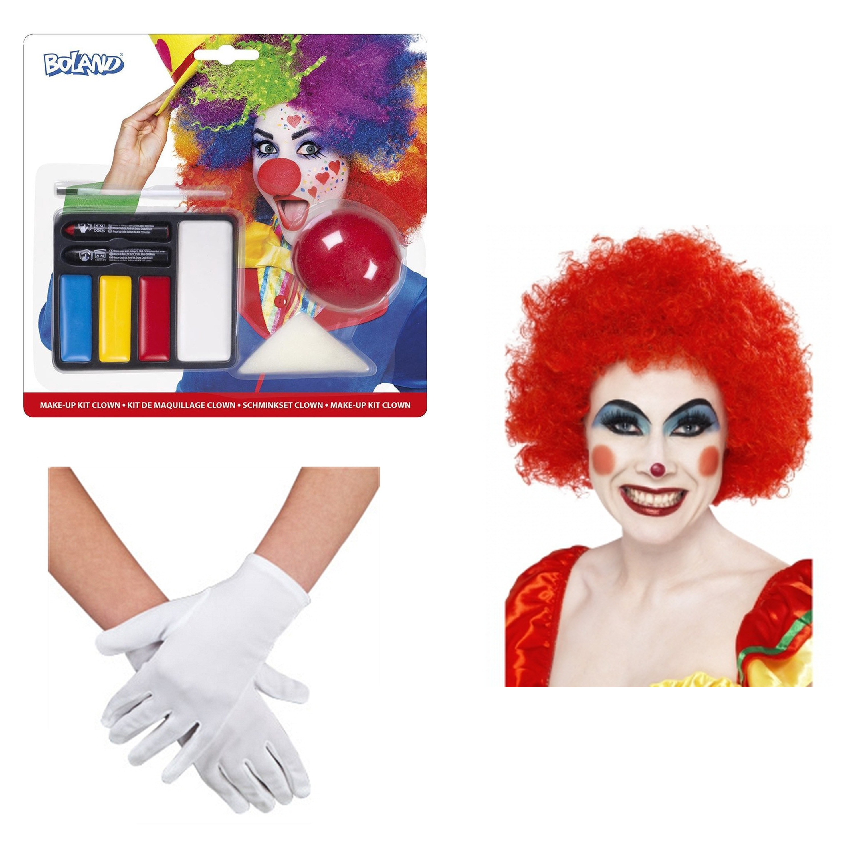 Clown verkleed set volwassenen - Pruik/schmink/handschoenen -