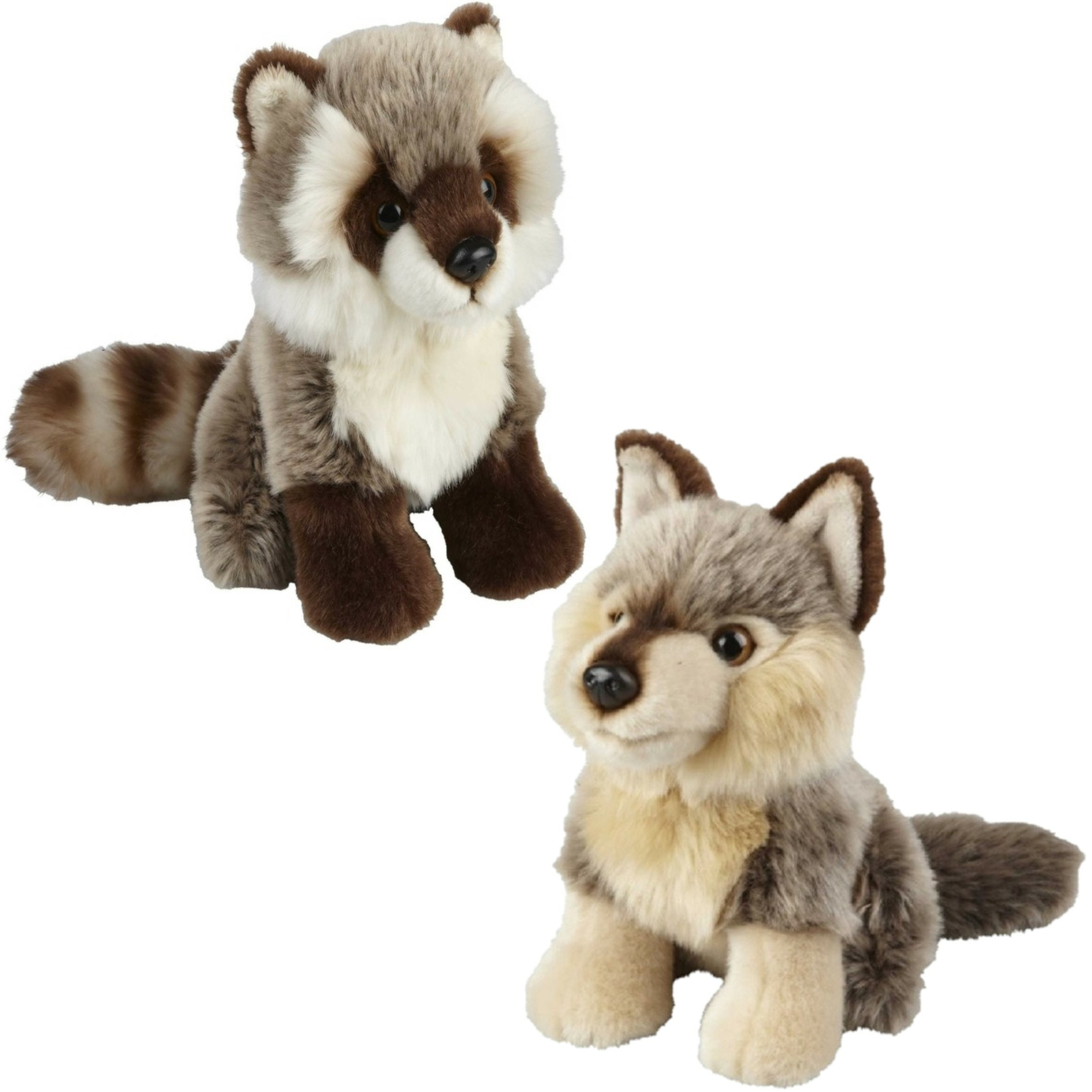 Knuffeldieren set wolf en wasbeer pluche knuffels 18 cm -