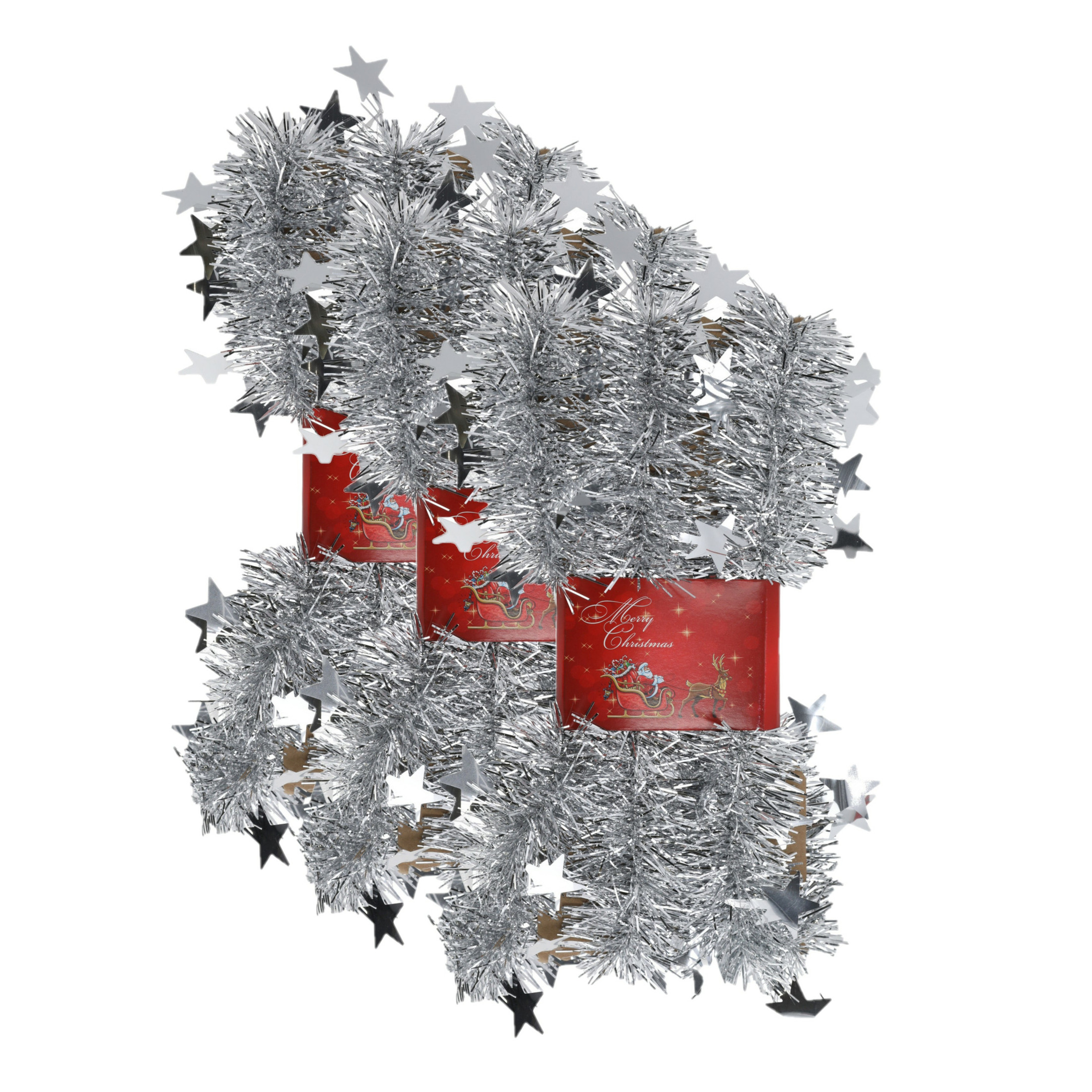 3x stuks lametta kerstslingers met sterretjes zilver 200 x 6,5 cm -