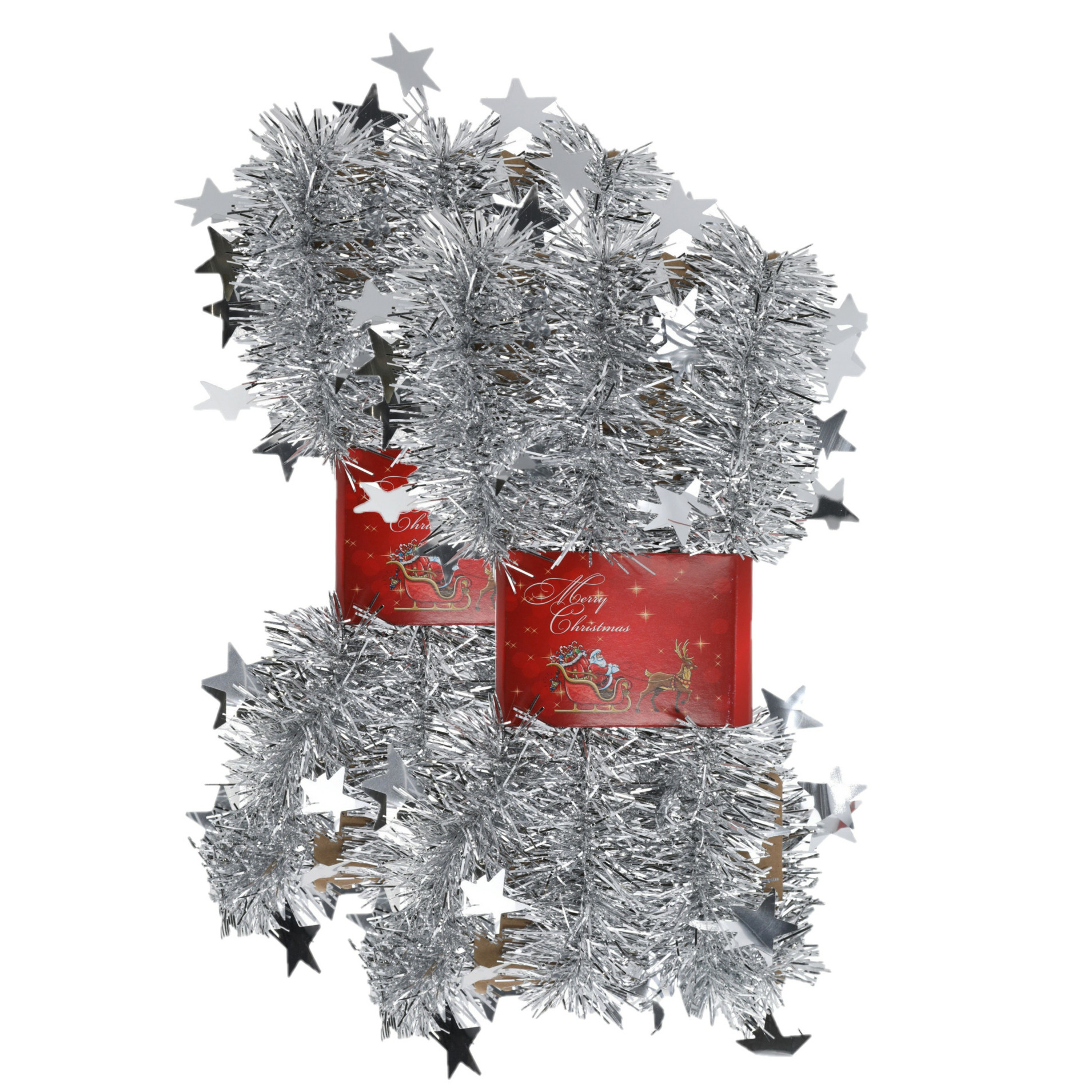 2x stuks lametta kerstslingers met sterretjes zilver 200 x 6,5 cm -
