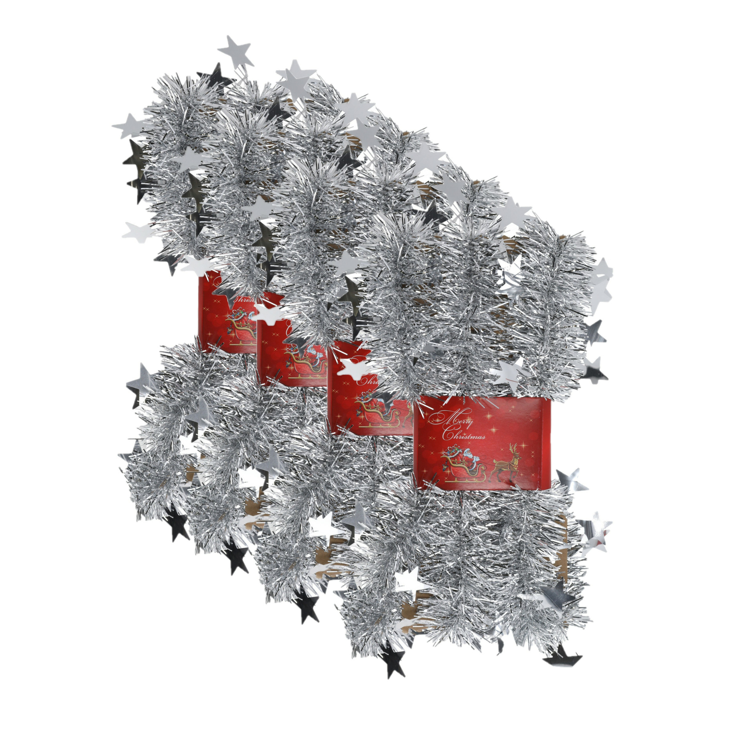 4x stuks lametta kerstslingers met sterretjes zilver 200 x 6,5 cm -