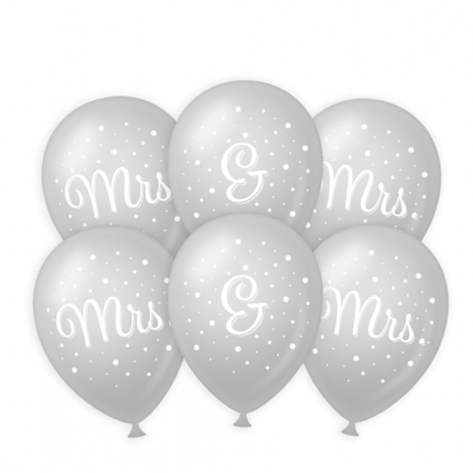 6x stuks Mrs. & Mrs. huwelijks feest ballonnen - zilver/wit - latex - ca 30 cm -