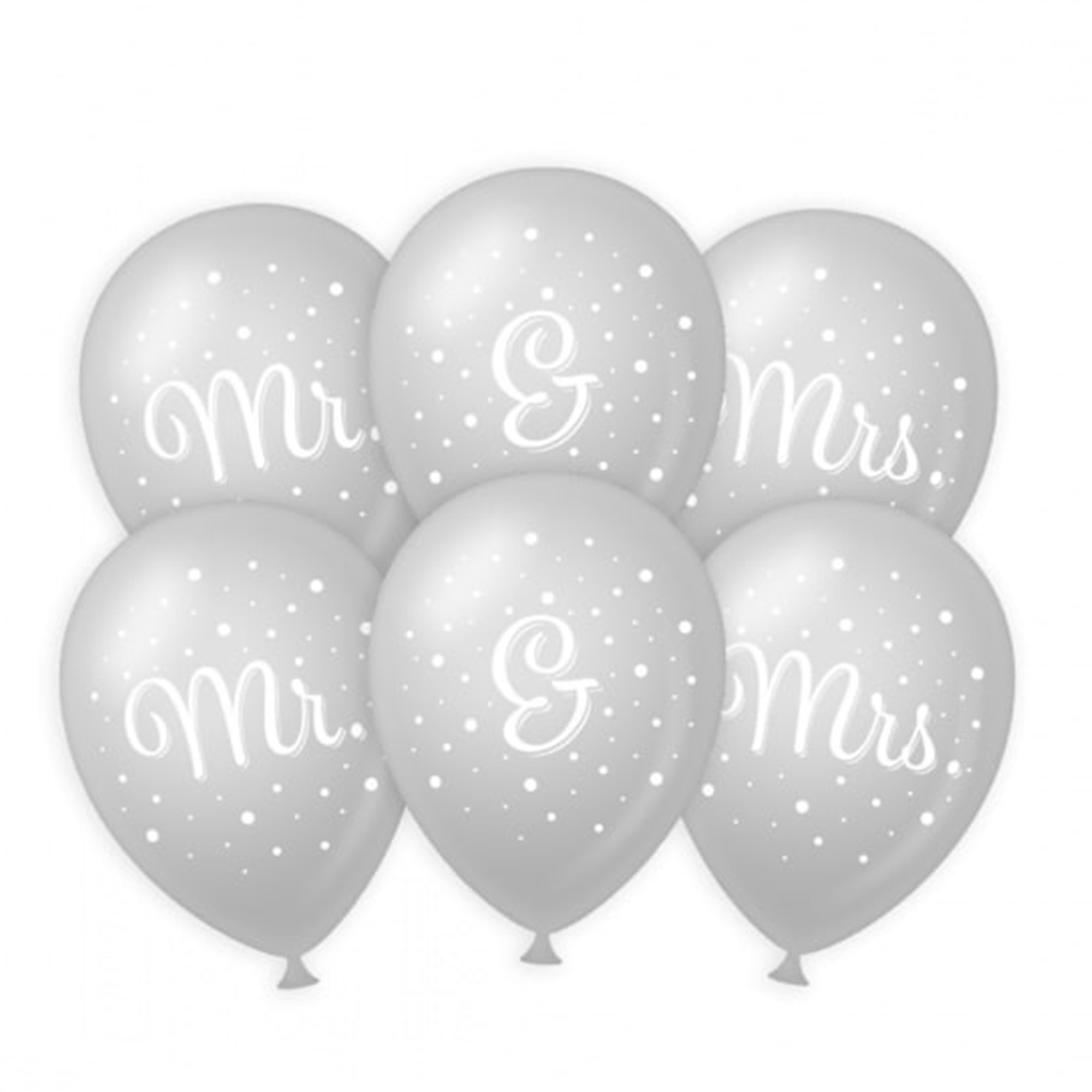6x stuks Mr. & Mrs huwelijks feest ballonnen - zilver/wit - latex - ca 30 cm -