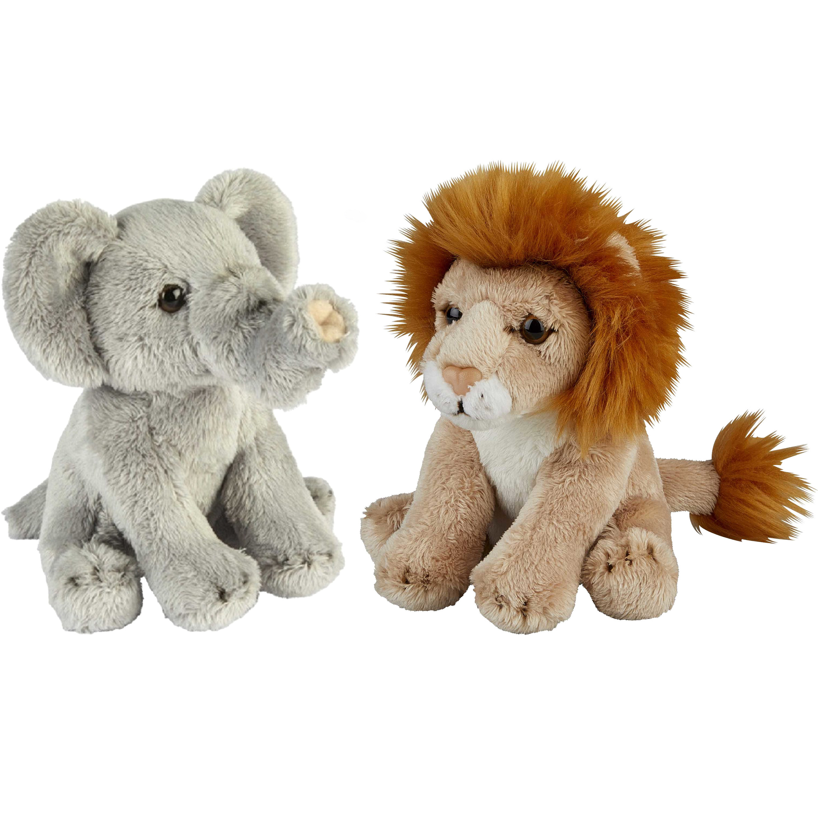 Safari dieren serie pluche knuffels 2x stuks - Olifant en Leeuw van 15 cm -