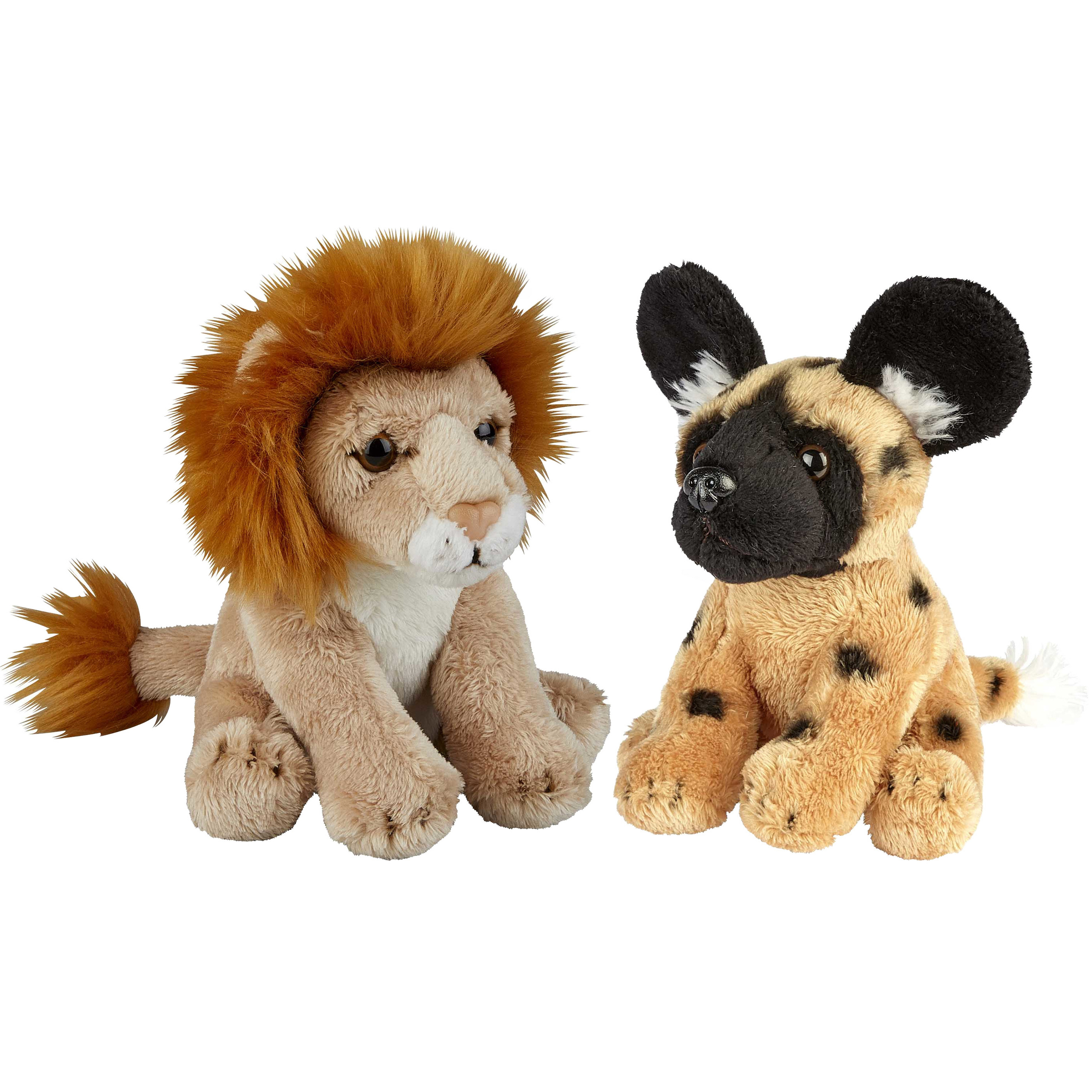 Safari dieren serie pluche knuffels 2x stuks - Wilde Hond en Leeuw van 15 cm -