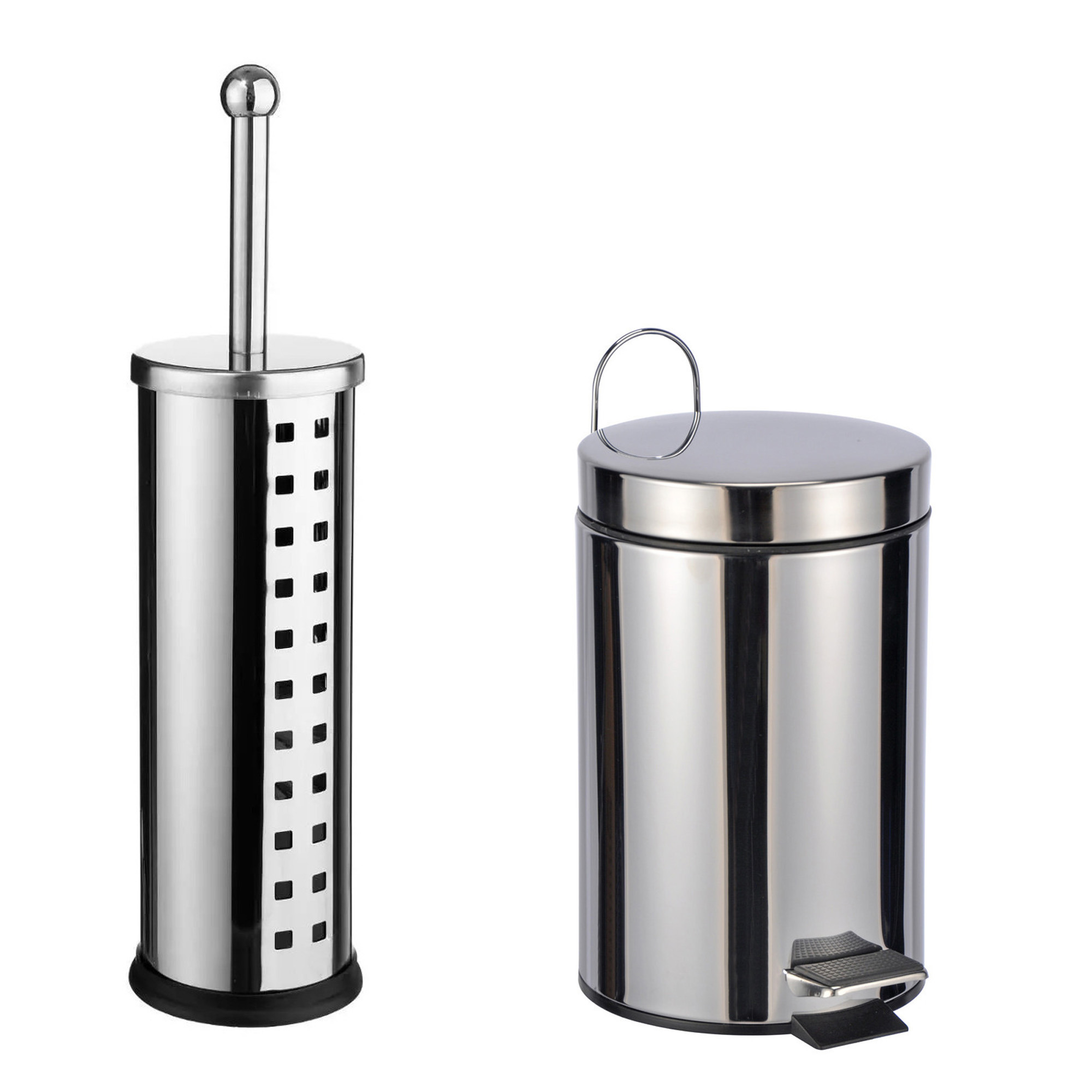 Toiletborstel houder zilver rvs 39 cm met pedaalemmer 3 liter -