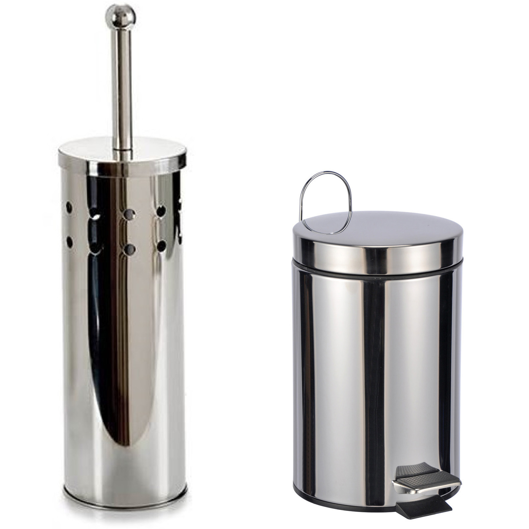 Toiletborstel houder zilver rvs 38 cm met pedaalemmer 3 liter -