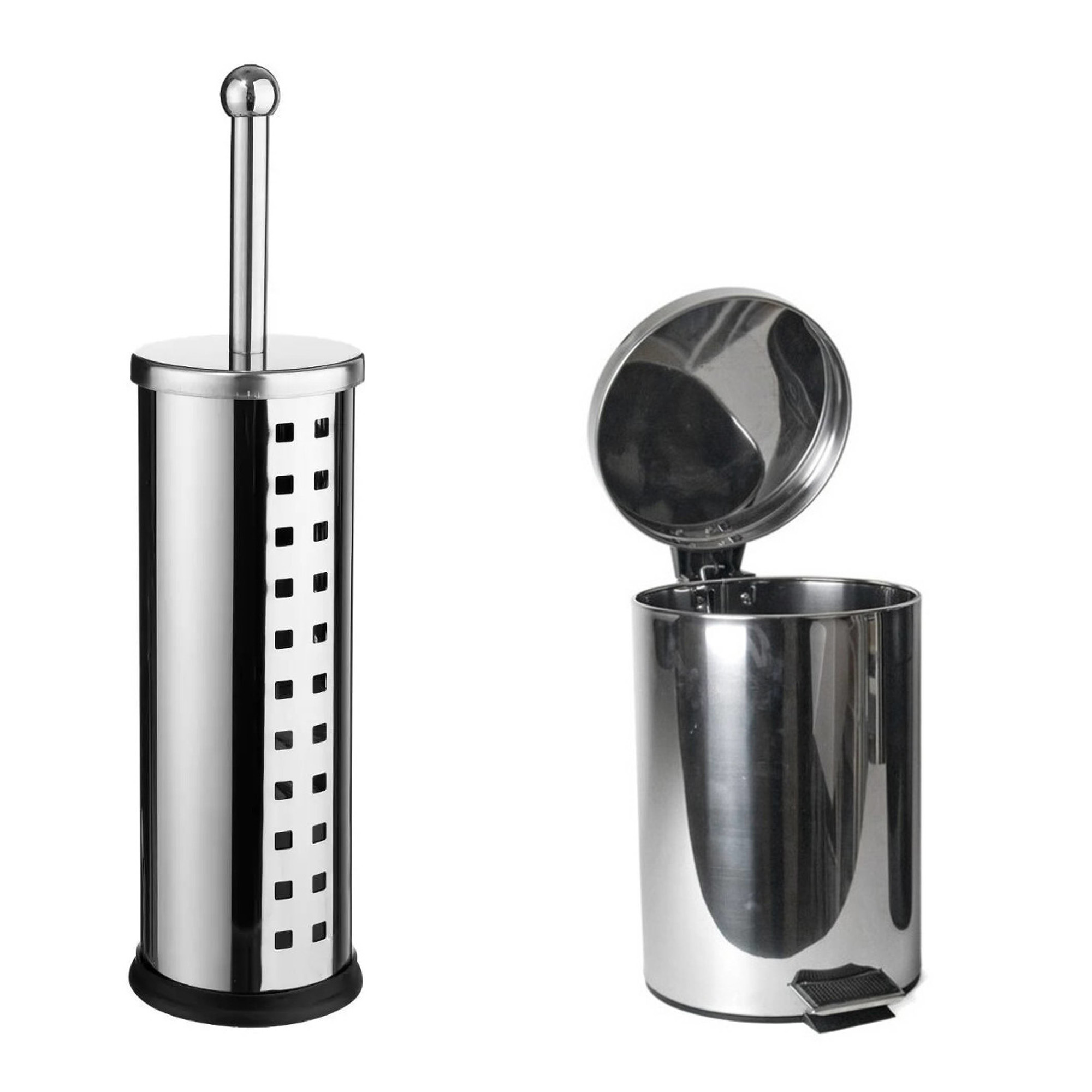Toiletborstel houder zilver rvs 39 cm met pedaalemmer 3 liter -