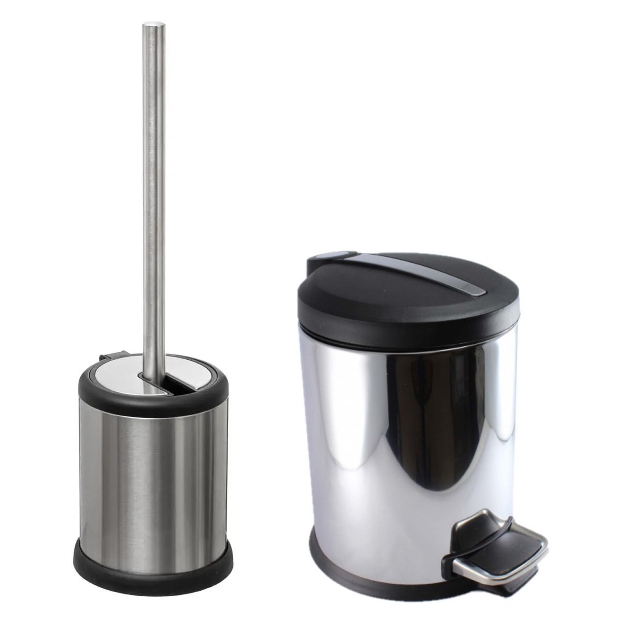 Toiletborstel houder rvs zilver 39 cm en pedaalemmer 5 liter combi -