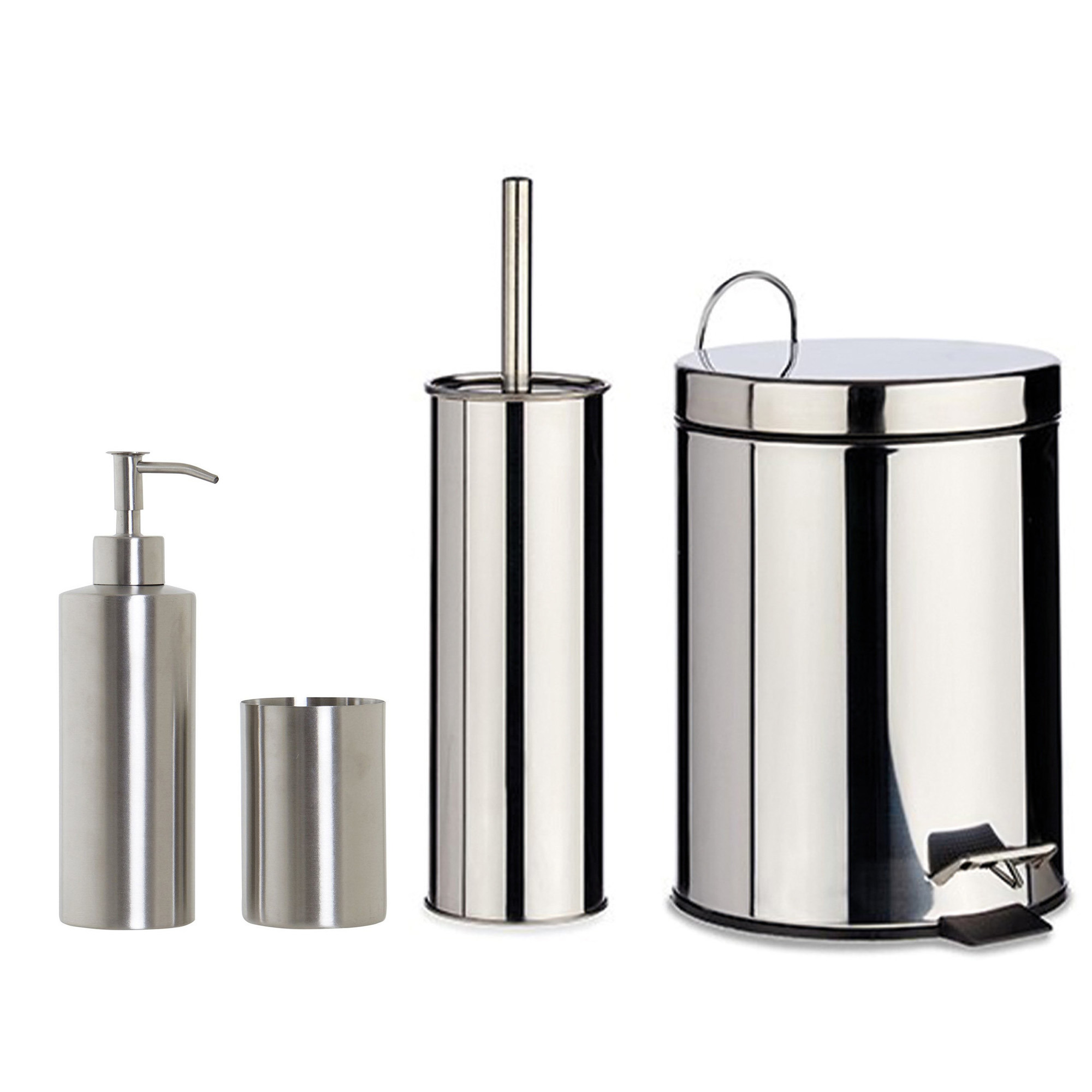Toiletborstel houder zilver 38 cm met zeeppompje 300 ml en pedaalemmer metaal -