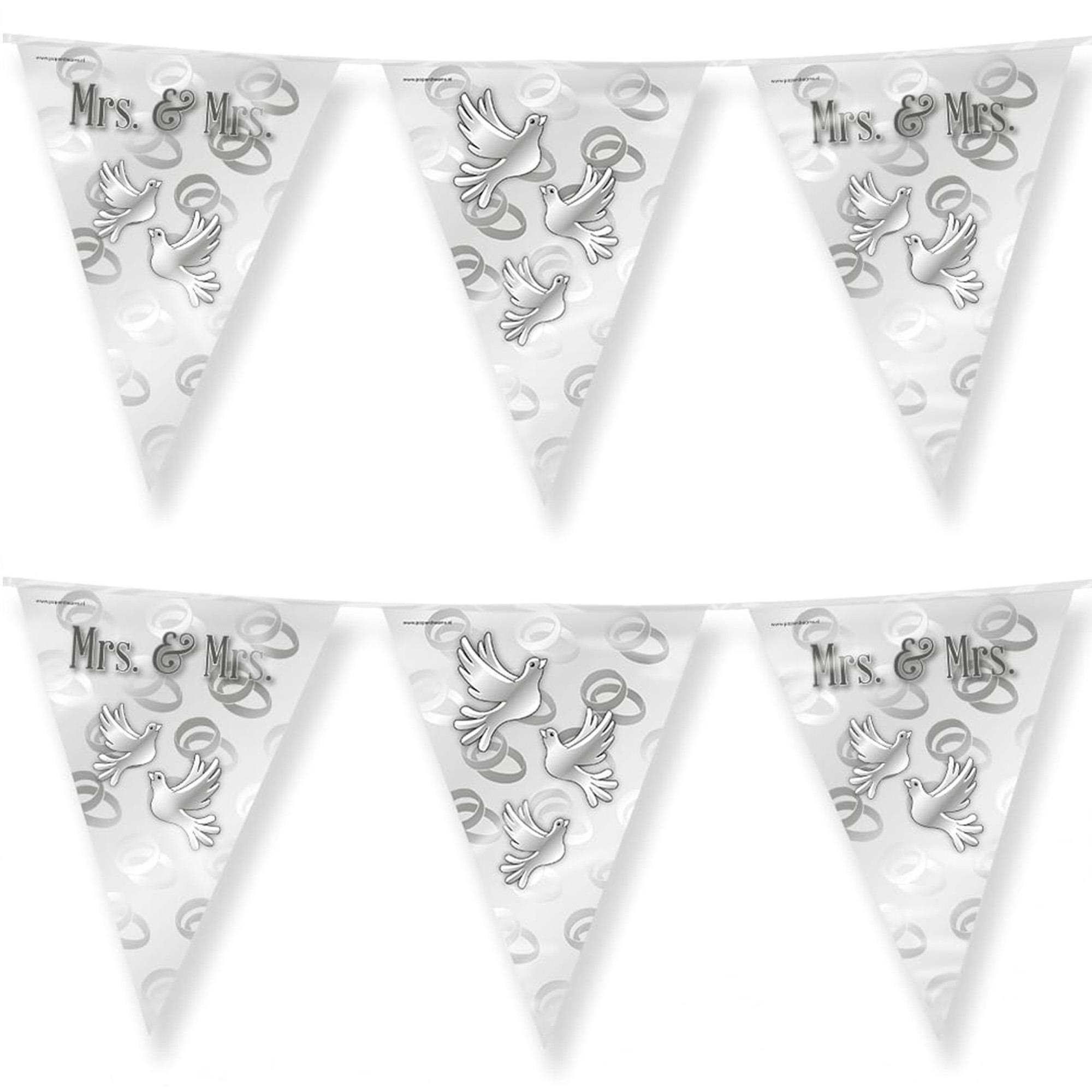 3x Stuks Paperdreams Vlaggenlijn - Mrs. & Mrs. huwelijks feest/party - zilver/wit - 10m -