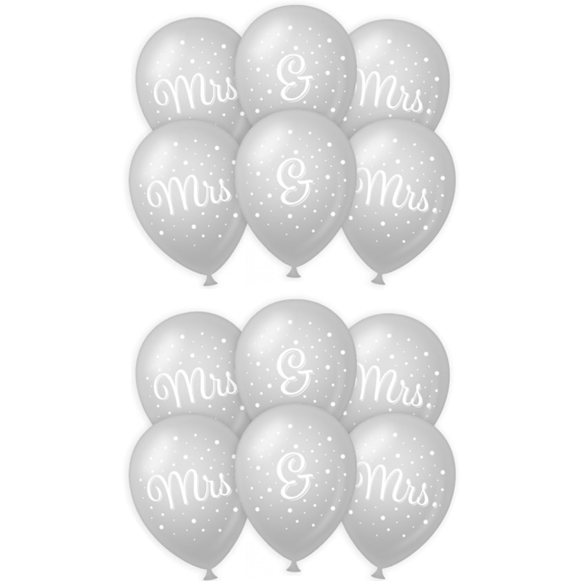 12x stuks Mrs. & Mrs. huwelijks feest ballonnen - zilver/wit - latex - ca 30 cm -