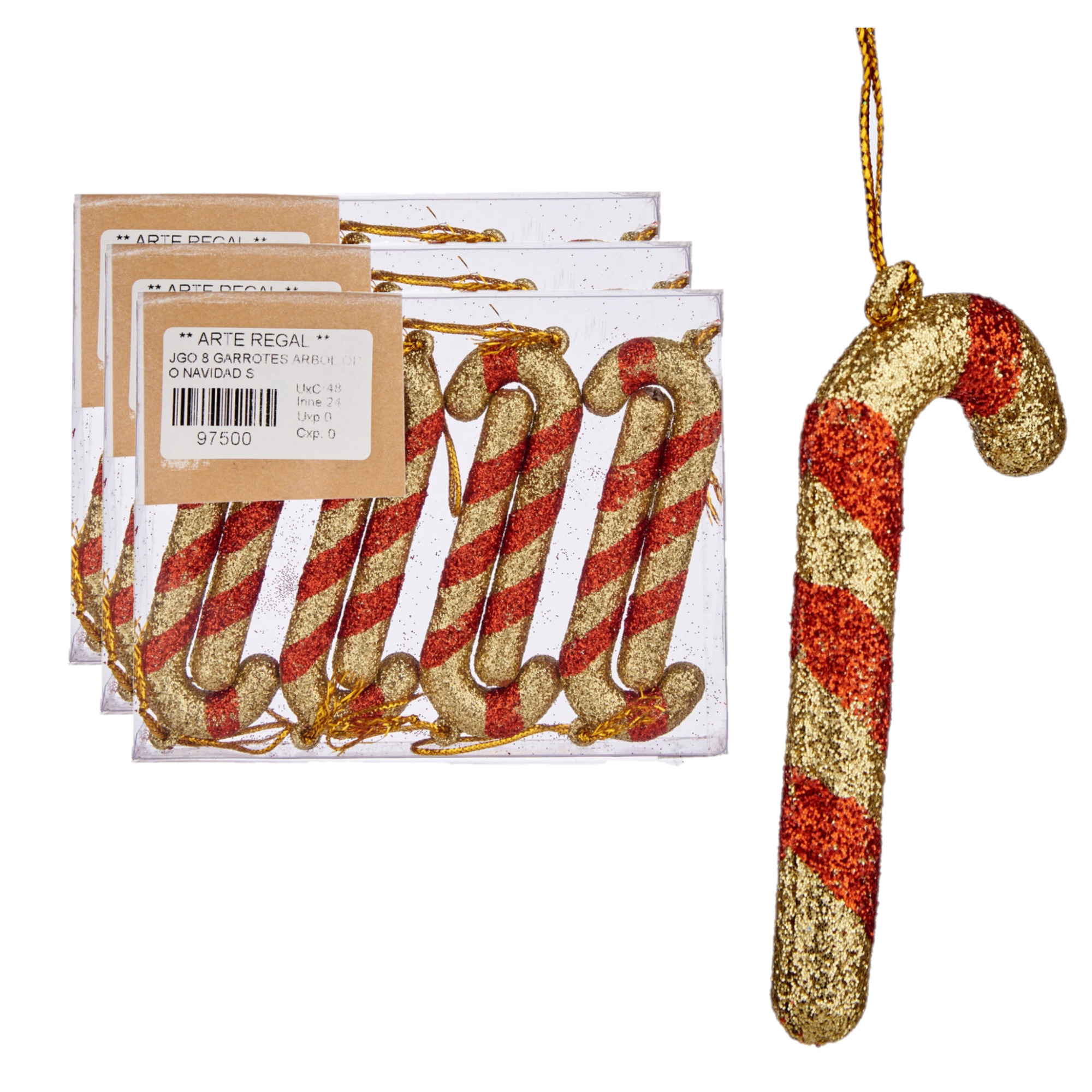 24x stuks kunststof kersthangers zuurstokken rood/goud 11 cm kerstornamenten -
