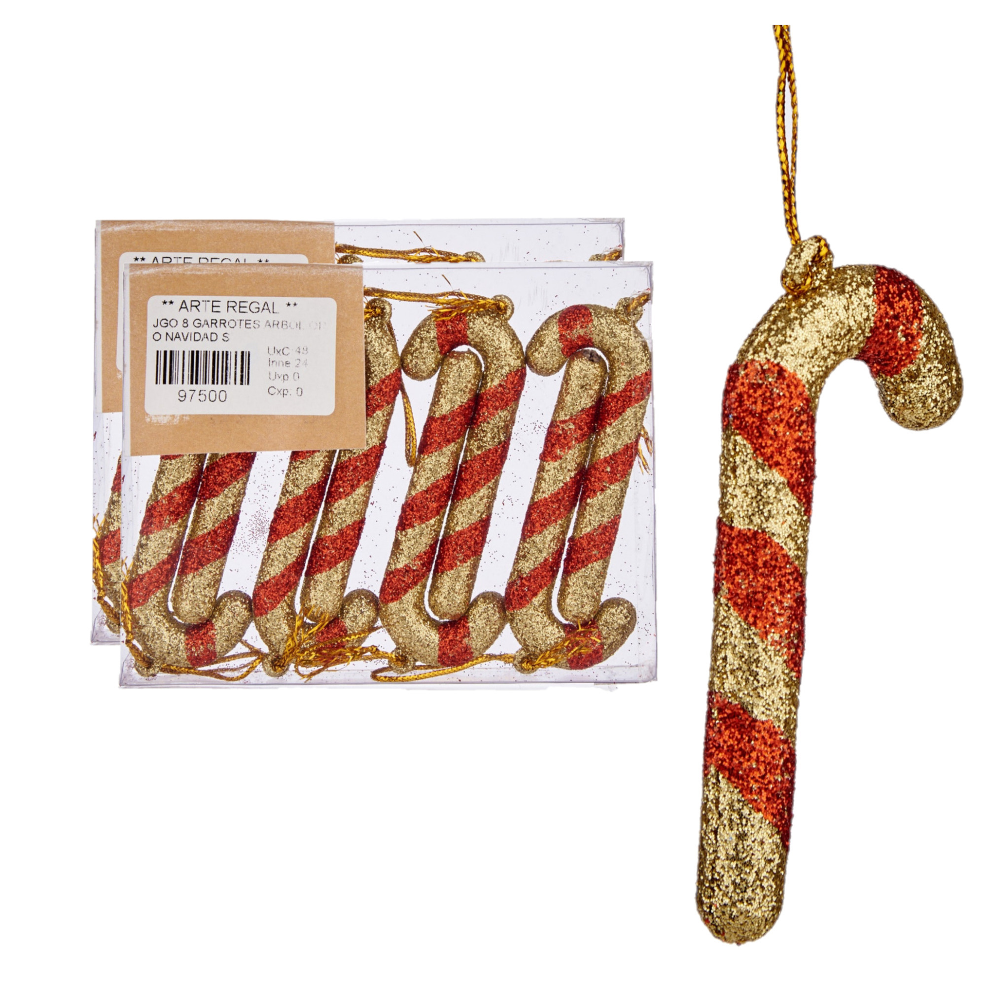 16x stuks kunststof kersthangers zuurstokken rood/goud 11 cm kerstornamenten -