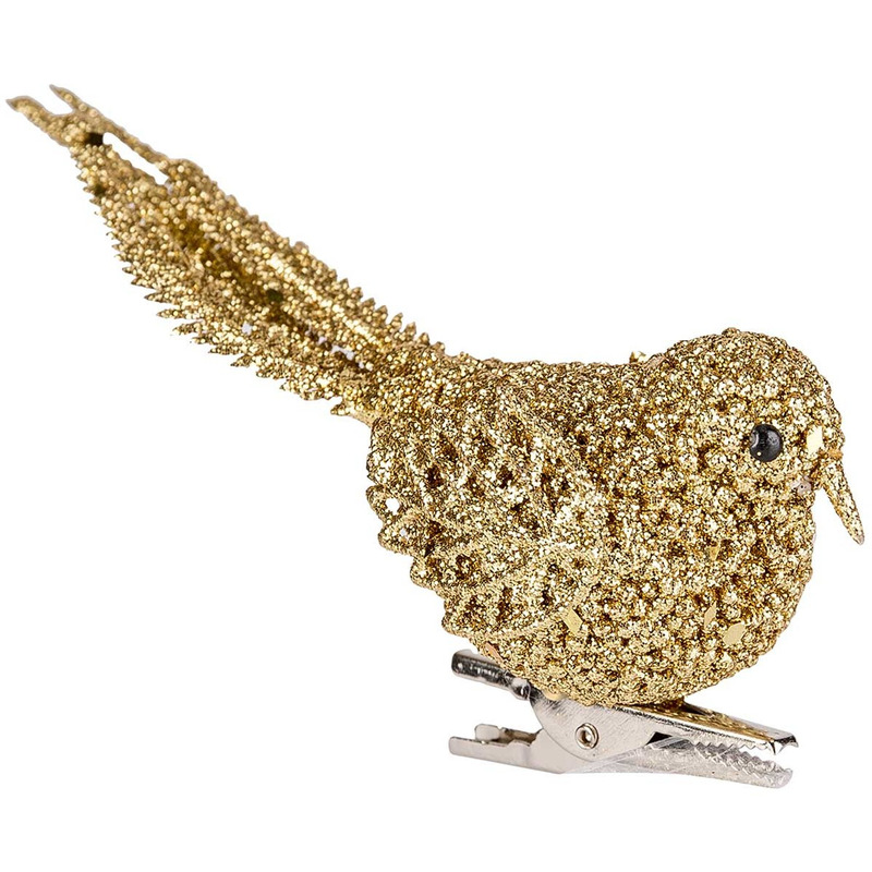 Kerstboom decoratie vogel - goud - op clip - 12 cm - kunststof - glitters -
