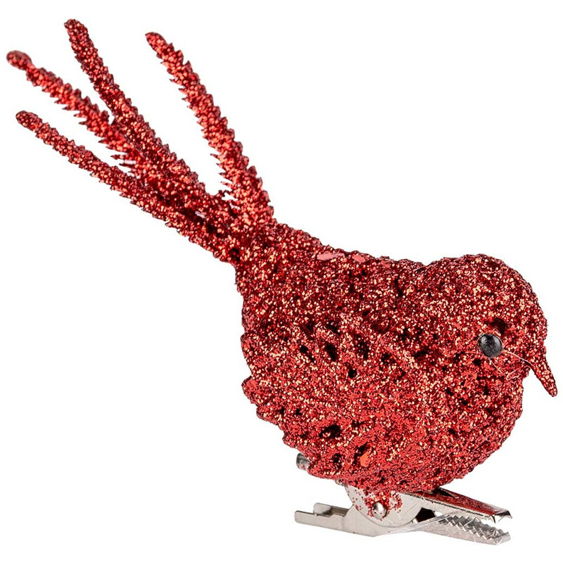 1x Kerstboomversiering glitter rode vogeltjes op clip 12 cm -
