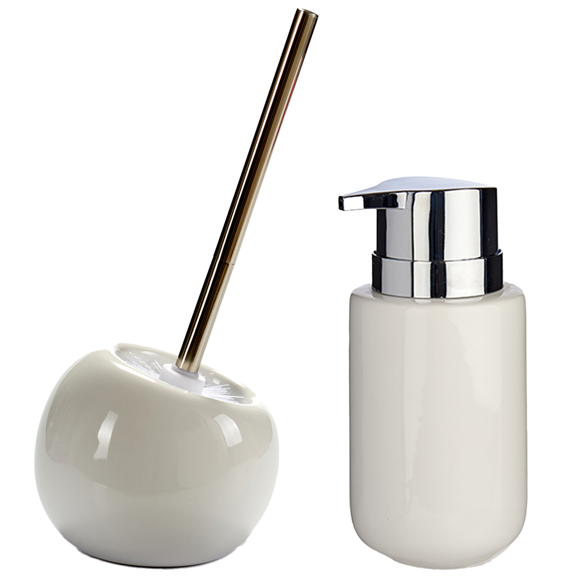 Toilet spullen set - Toiletborstel met zeeppompje - keramiek - wit -