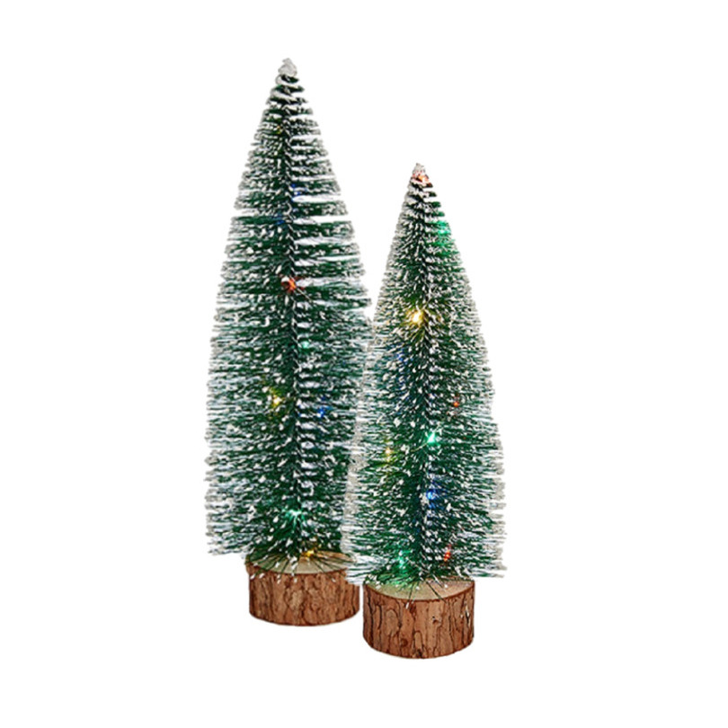 Kleine/mini decoratie kerstboompjes set van 2x st met gekleurd licht 25-30 cm -