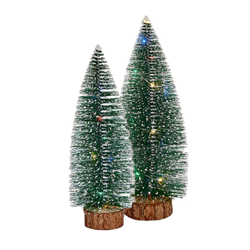 Kleine/mini decoratie kerstboompjes set van 2x st met gekleurd licht 30-35 cm -