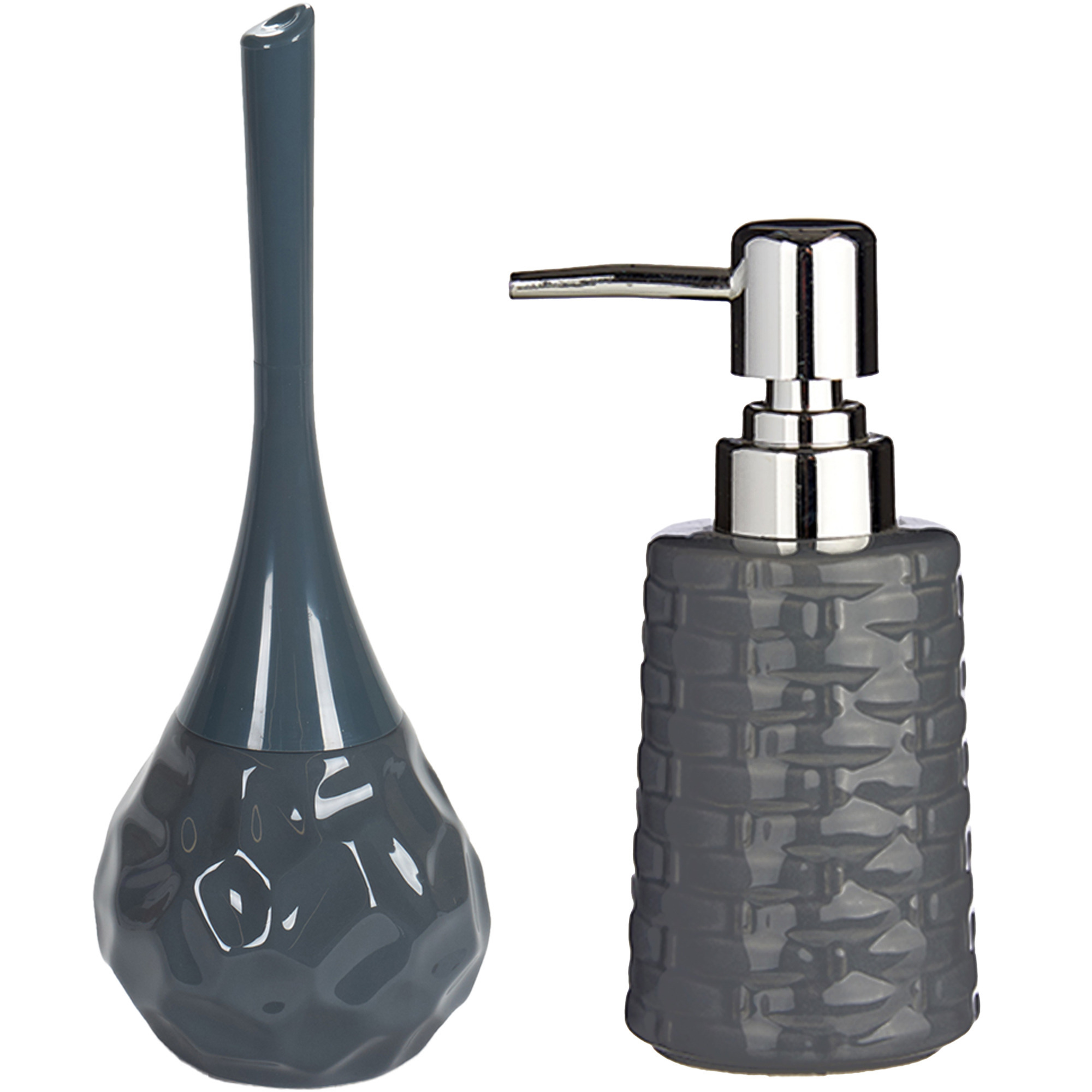 Toilet spullen set - Toiletborstel met zeeppompje - keramiek - grijs -