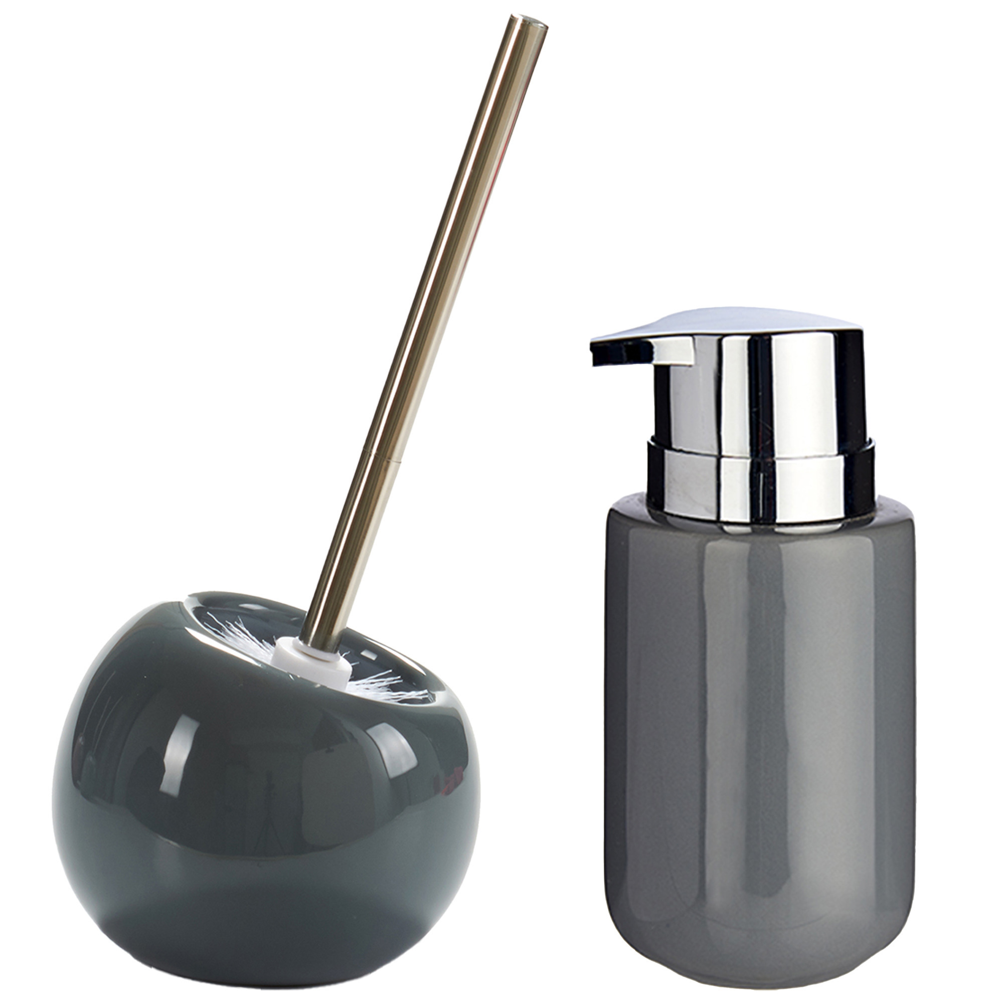 Toilet spullen set - Toiletborstel met zeeppompje - keramiek - grijs -