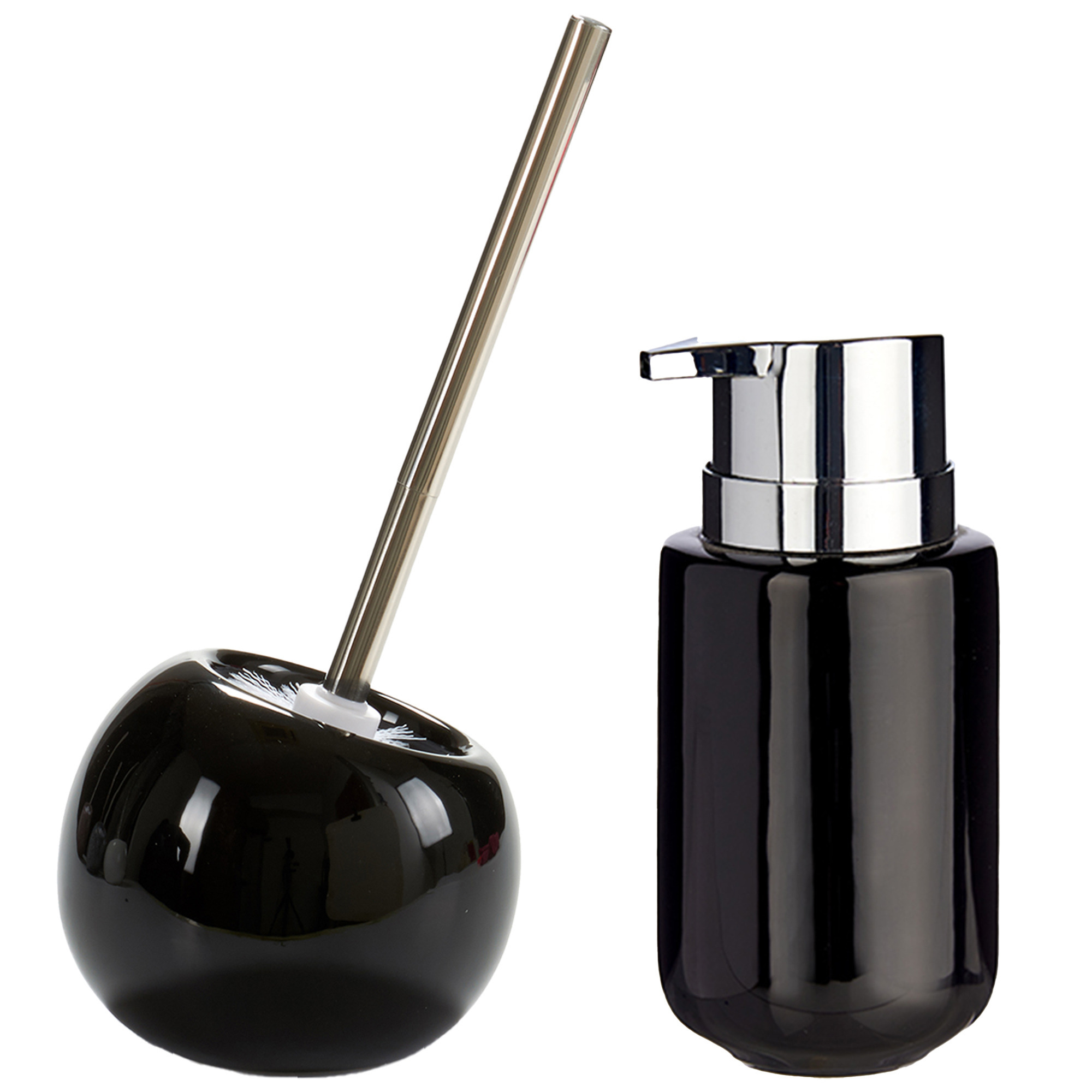 Toilet spullen set - Toiletborstel met zeeppompje - keramiek - zwart -