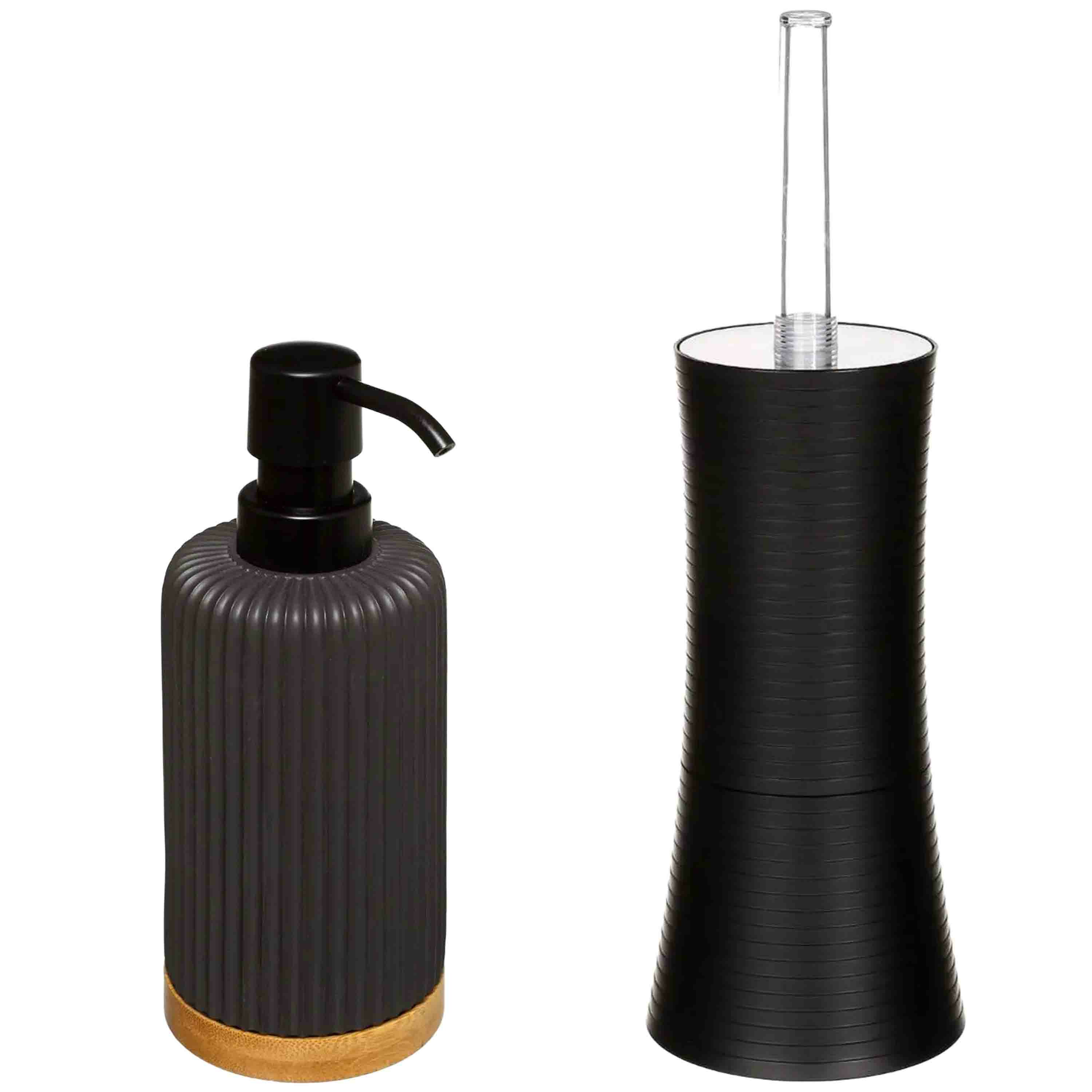 WC-/toiletborstel met houder - kunststof zwart - en zeeppompje 270 ml -