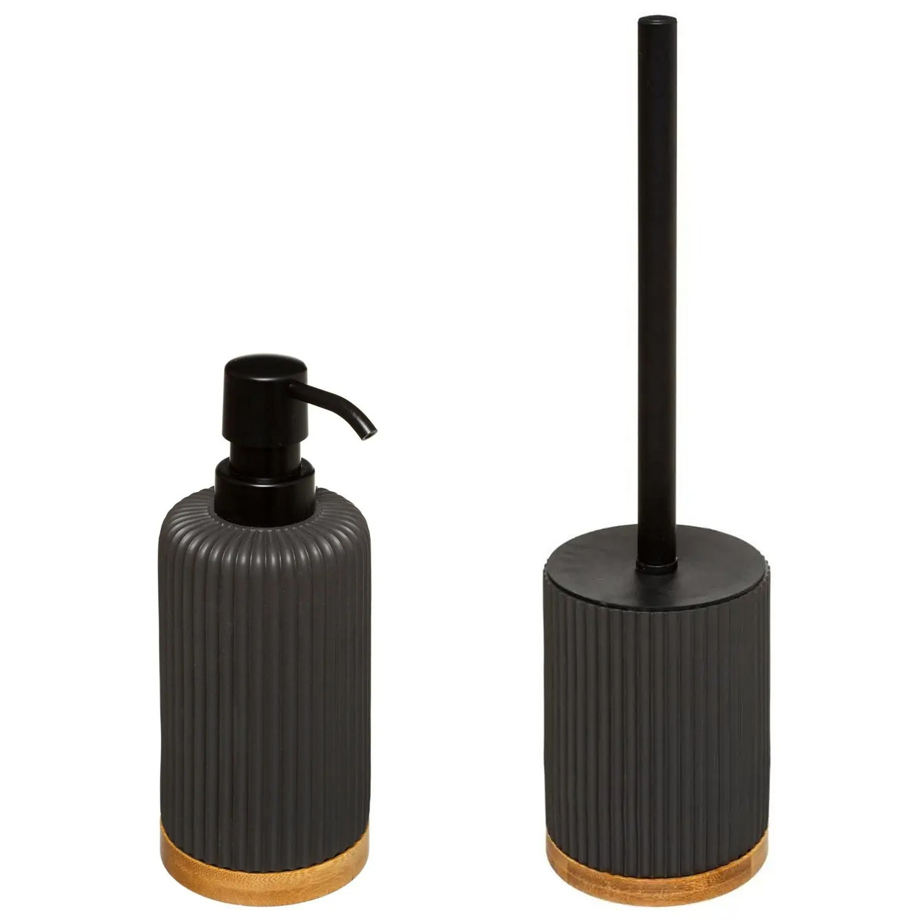 Toiletborstel met houder zwart 40 cm met zeeppompje 270 ml polyresin -